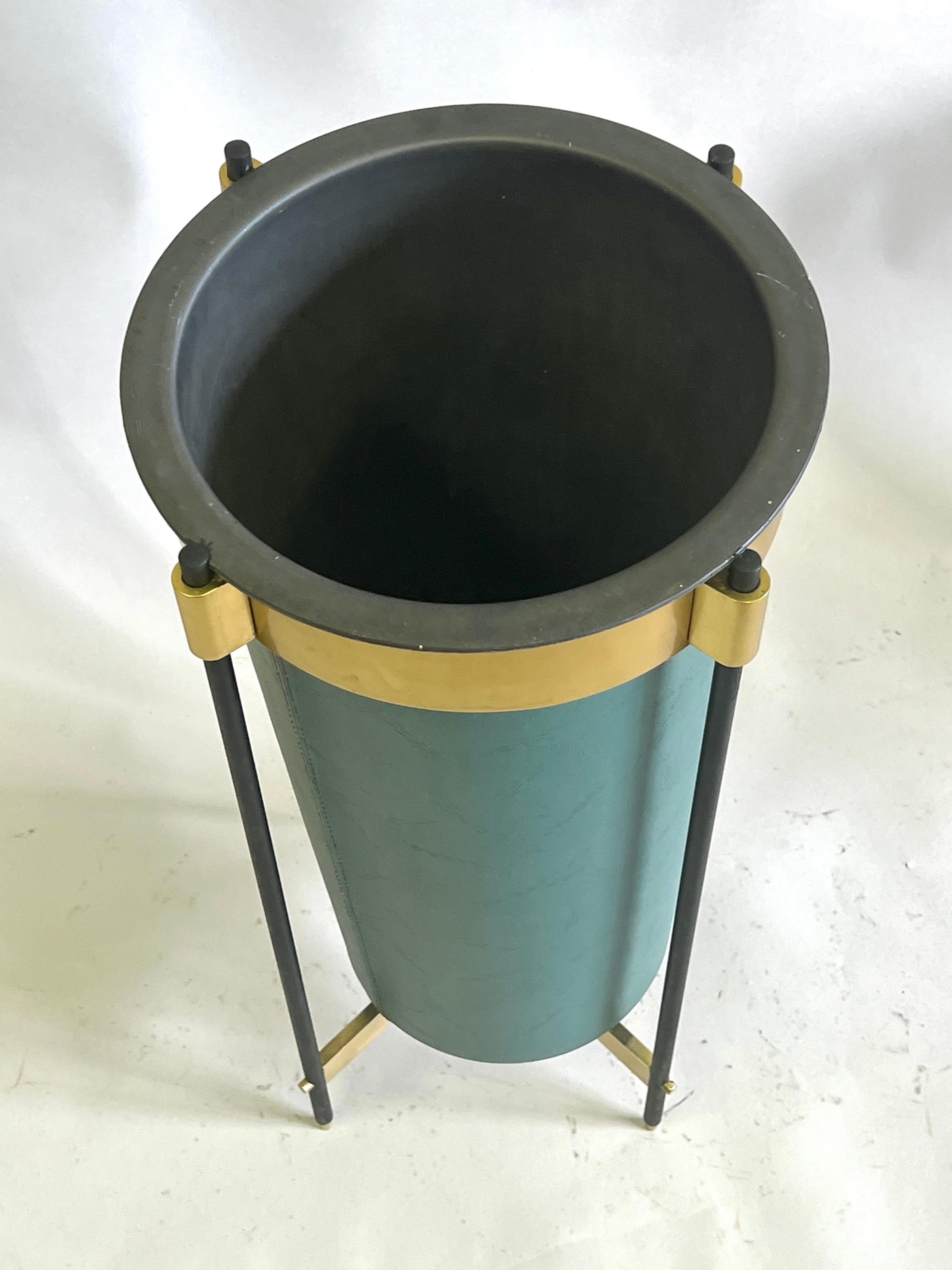 20th Century Italian Mid-Century Brass & Stitched Faux Leather Umbrella Stand or Trash Bin. For Sale