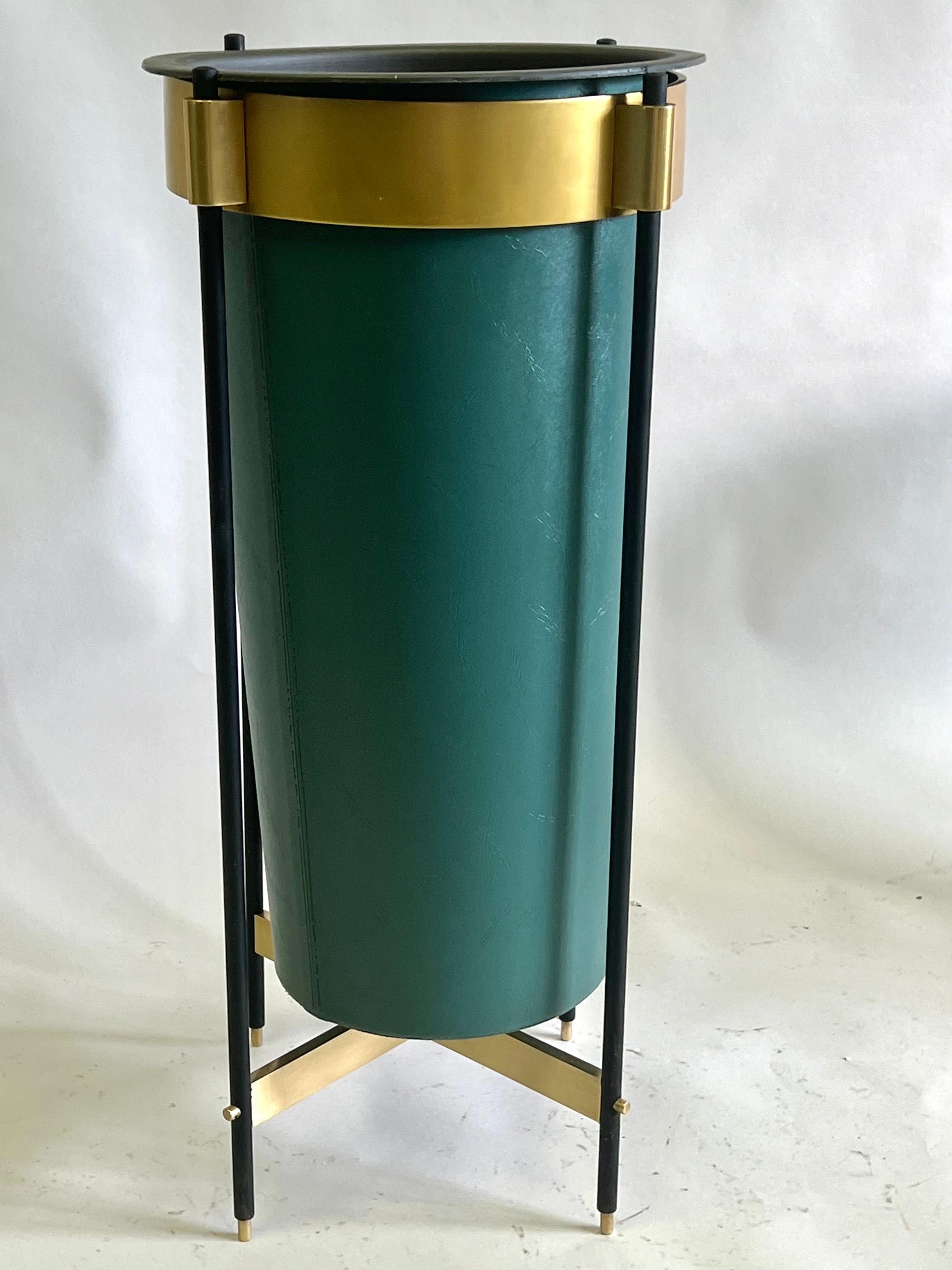 Metal Italian Mid-Century Brass & Stitched Faux Leather Umbrella Stand or Trash Bin. For Sale