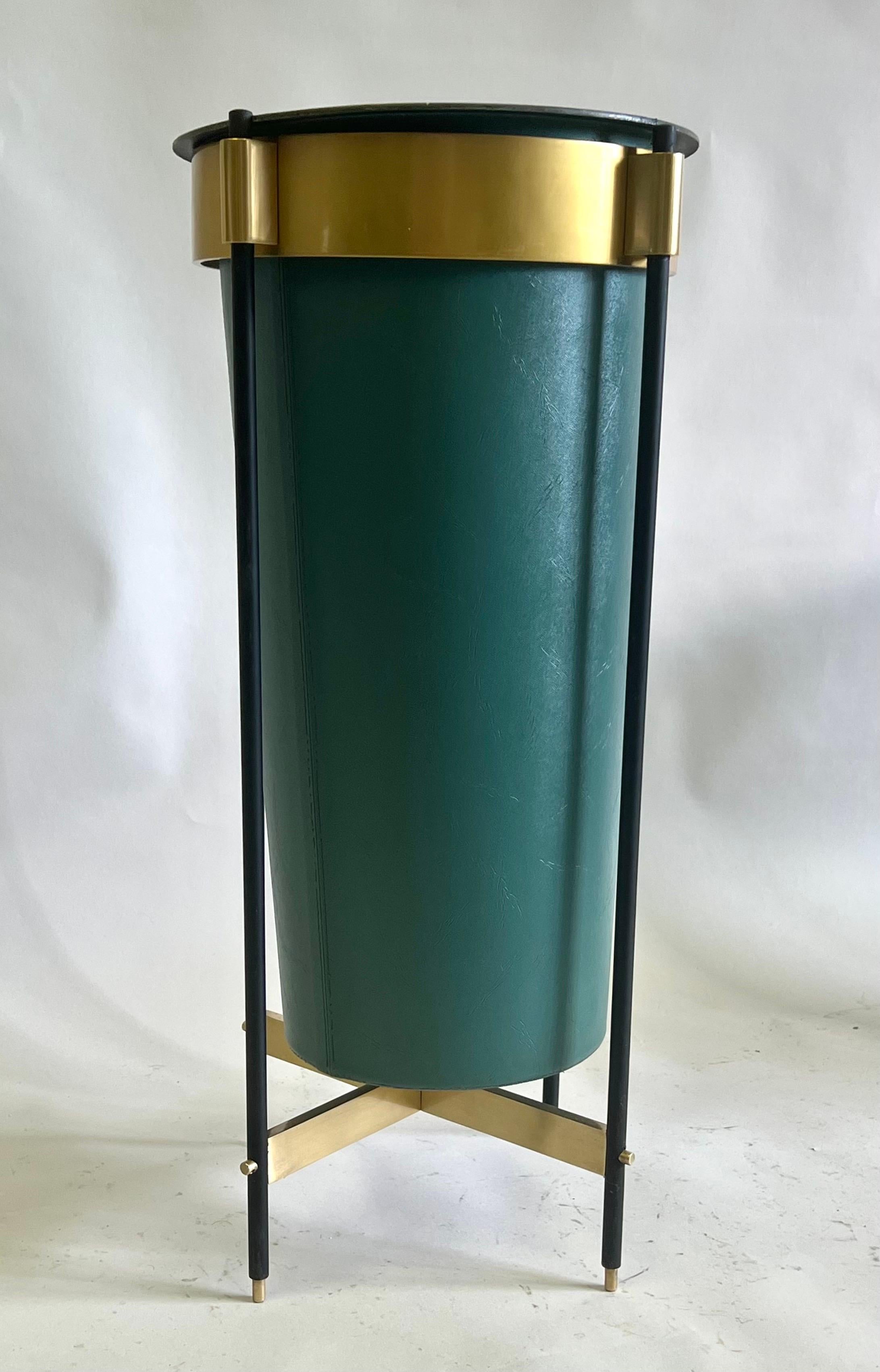 Italian Mid-Century Brass & Stitched Faux Leather Umbrella Stand or Trash Bin. For Sale 1