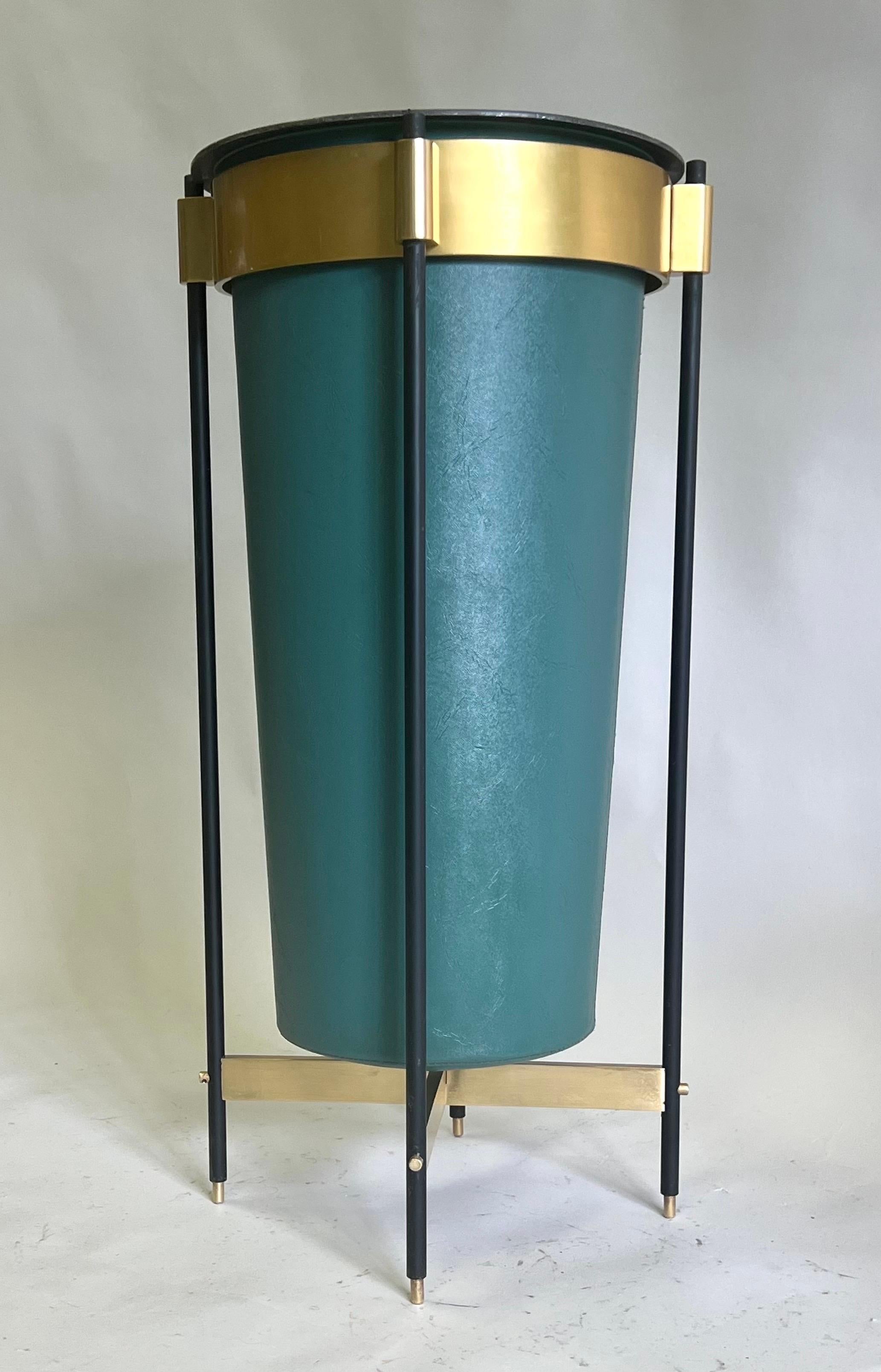 Italian Mid-Century Brass & Stitched Faux Leather Umbrella Stand or Trash Bin. For Sale 2