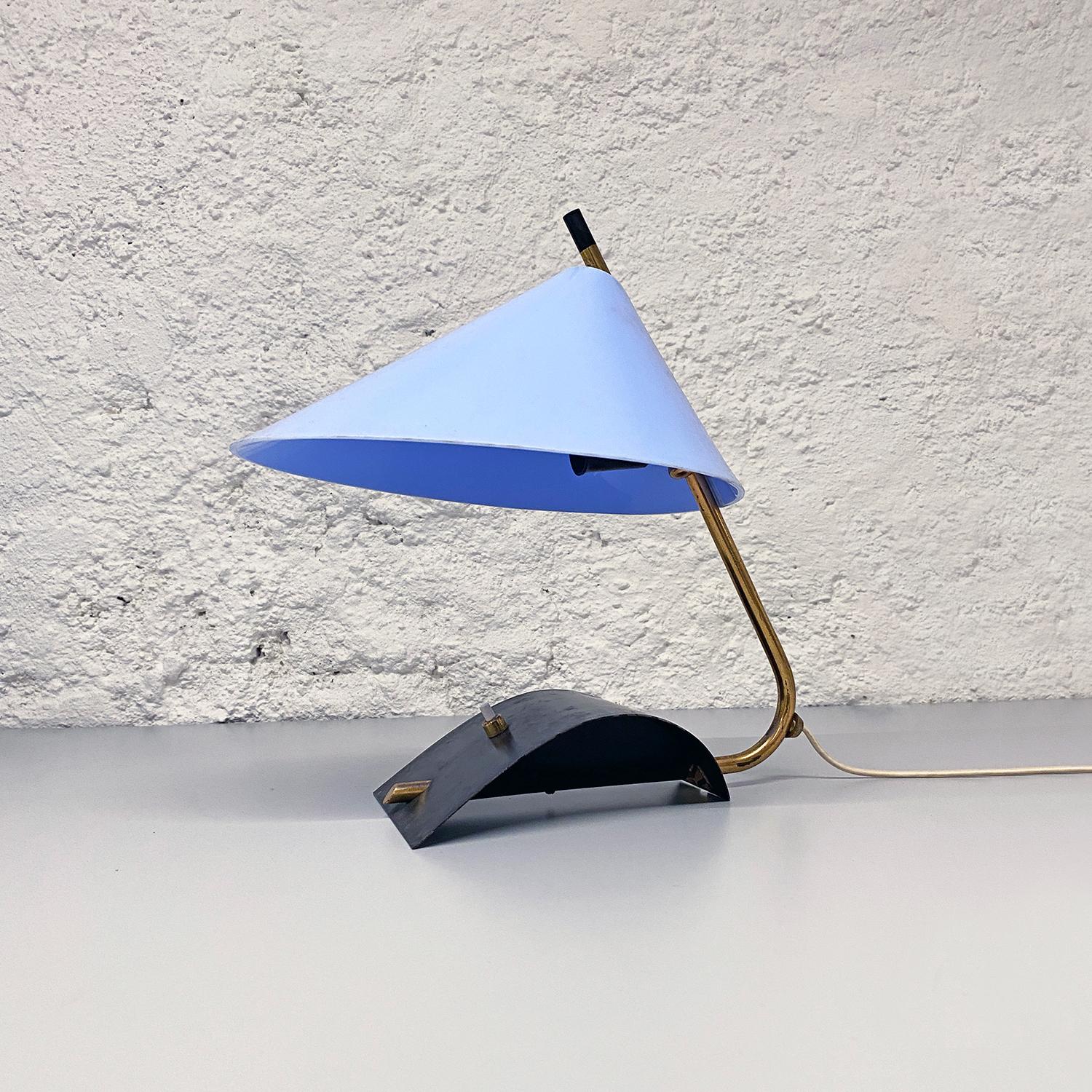 Italian Mid-Century Brass Table Lamps with Blue Lampshade by Stilnovo, 1950s 5