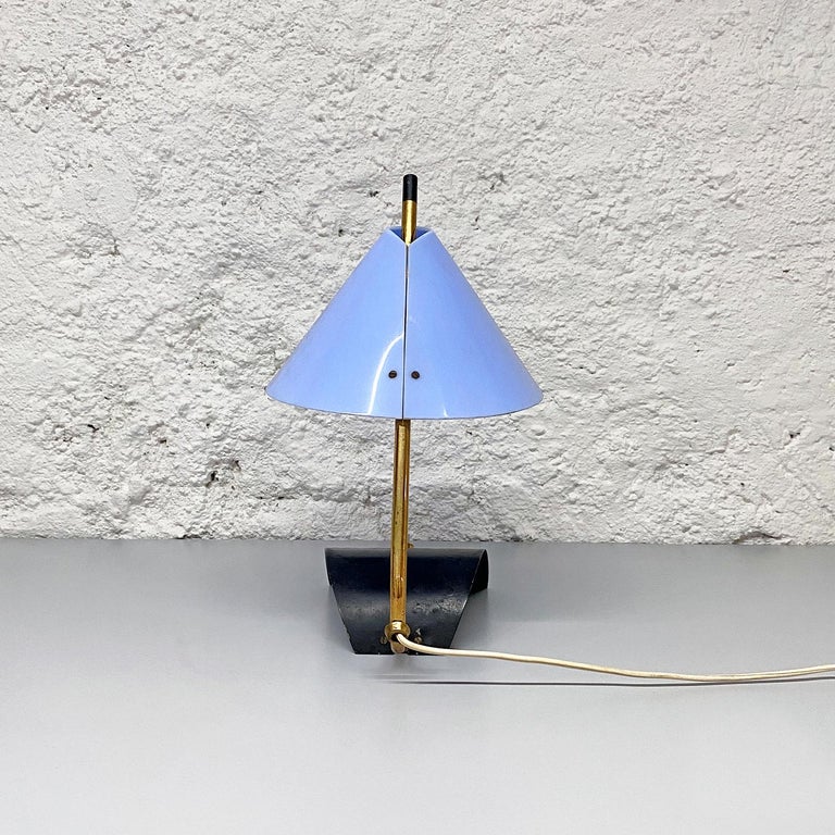 Italian Mid-Century Brass Table Lamps with Blue Lampshade by Stilnovo, 1950s For Sale 6
