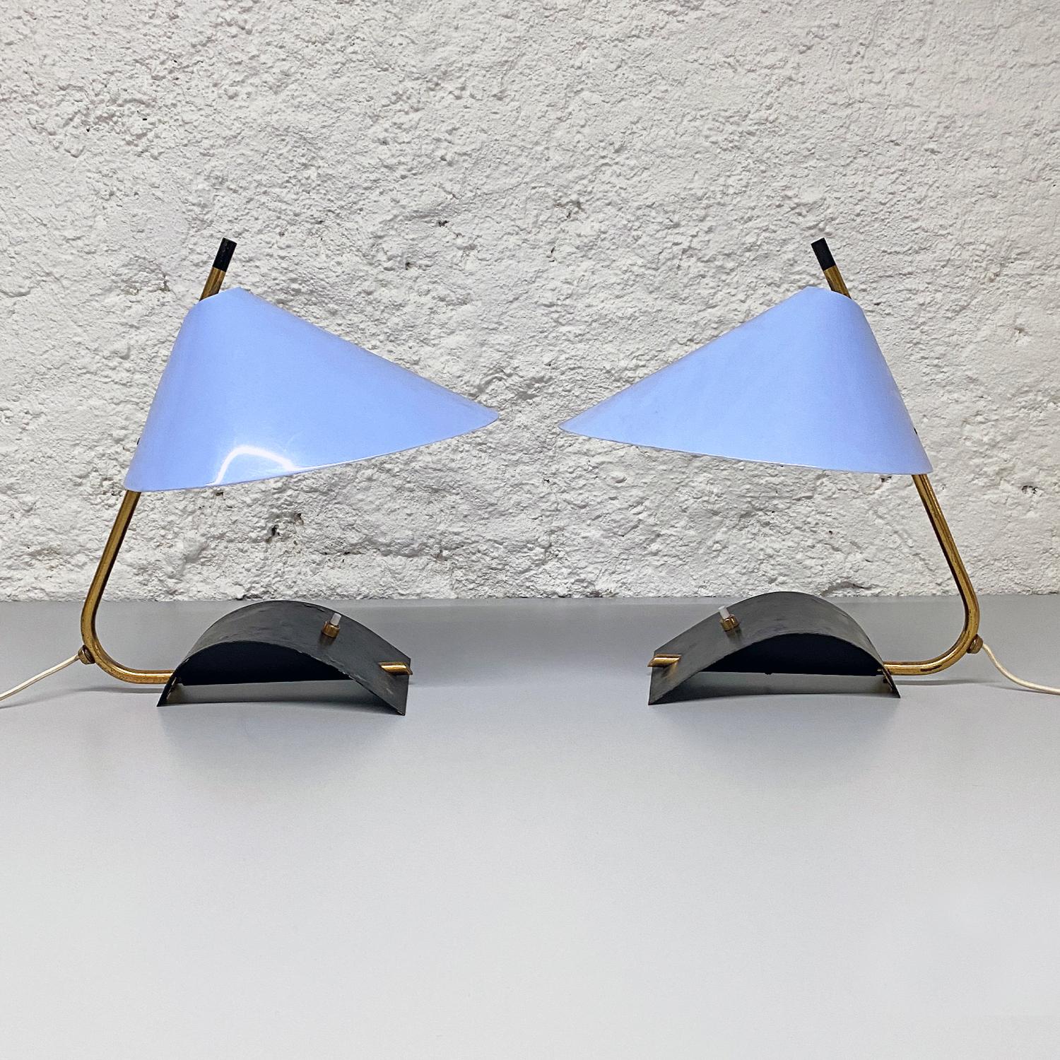 Mid-Century Modern Italian Mid-Century Brass Table Lamps with Blue Lampshade by Stilnovo, 1950s