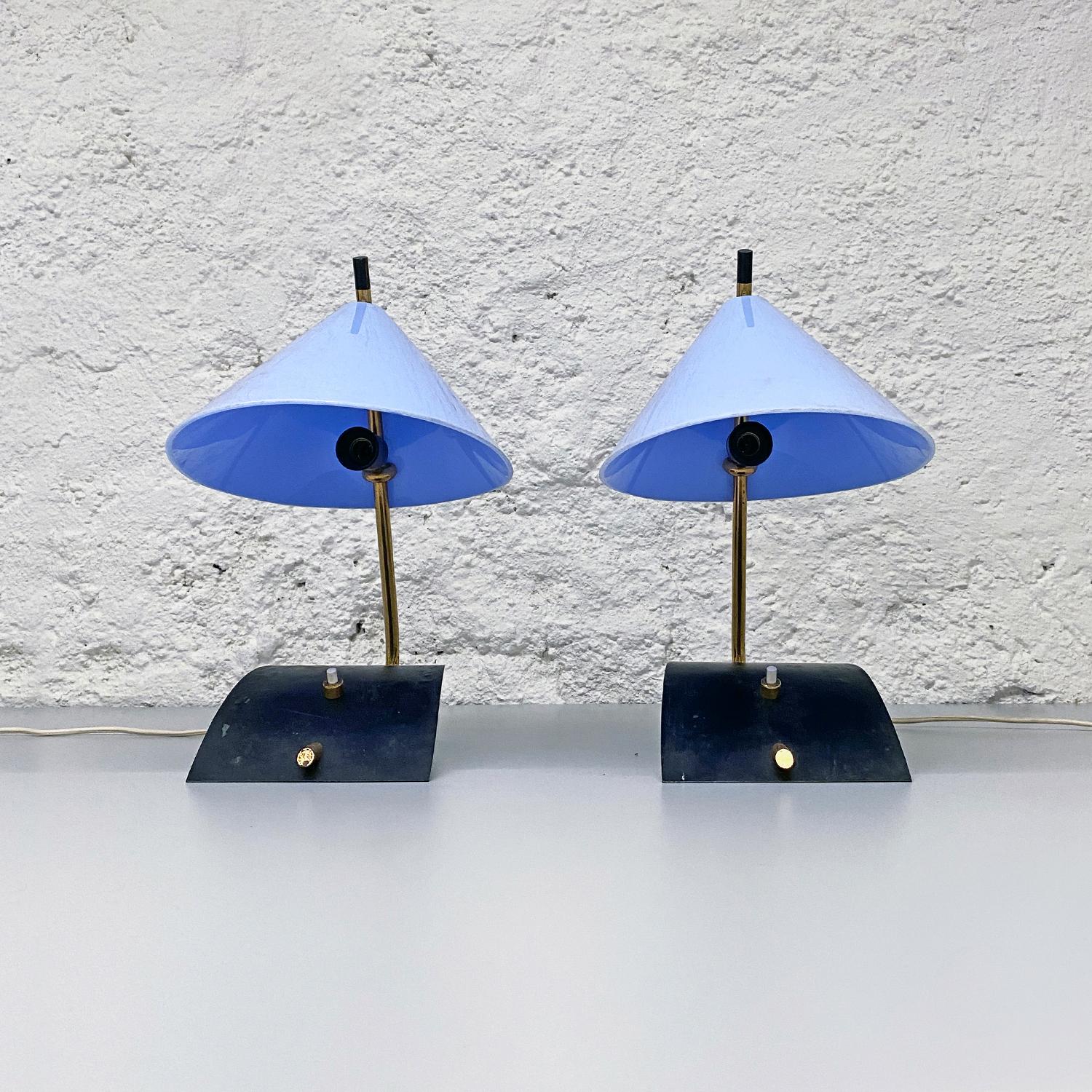 Italian Mid-Century Brass Table Lamps with Blue Lampshade by Stilnovo, 1950s In Good Condition In MIlano, IT