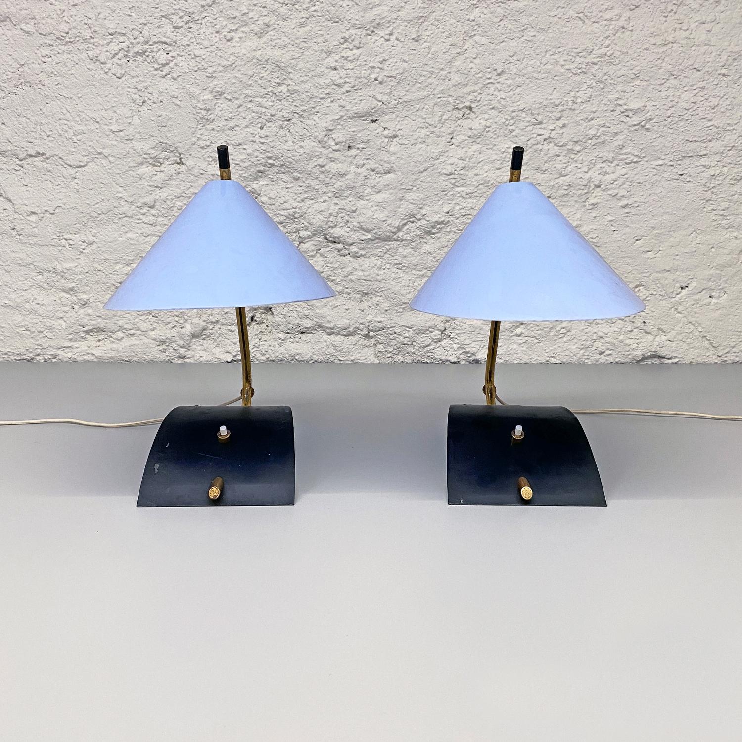 Mid-20th Century Italian Mid-Century Brass Table Lamps with Blue Lampshade by Stilnovo, 1950s