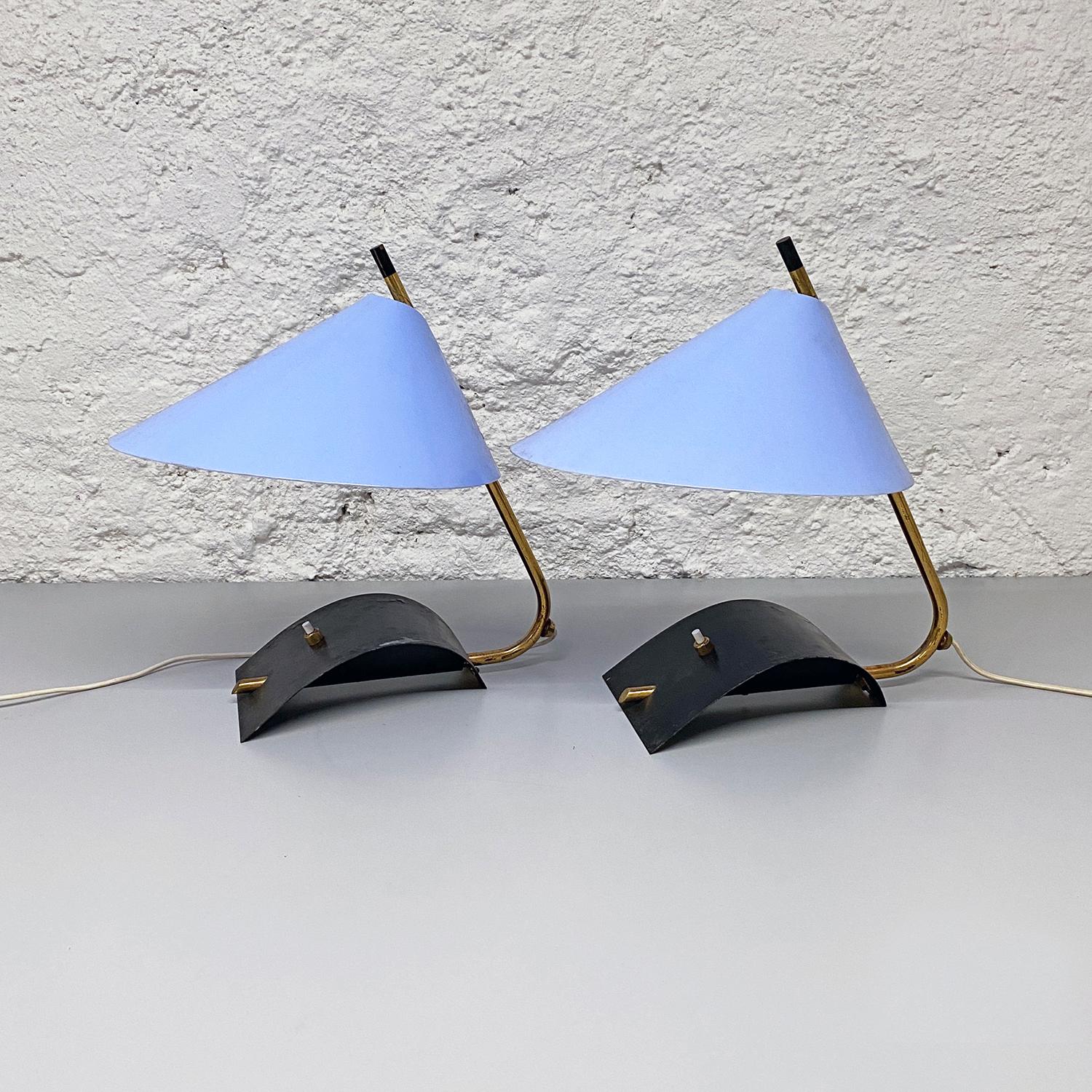 Metal Italian Mid-Century Brass Table Lamps with Blue Lampshade by Stilnovo, 1950s