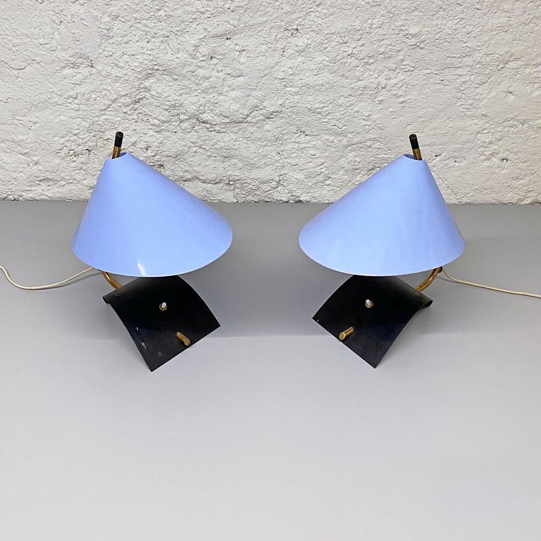 Italian Mid-Century Brass Table Lamps with Blue Lampshade by Stilnovo, 1950s For Sale 1