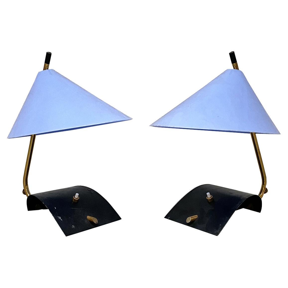 Italian Mid-Century Brass Table Lamps with Blue Lampshade by Stilnovo, 1950s