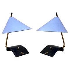 Italian Mid-Century Brass Table Lamps with Blue Lampshade by Stilnovo, 1950s