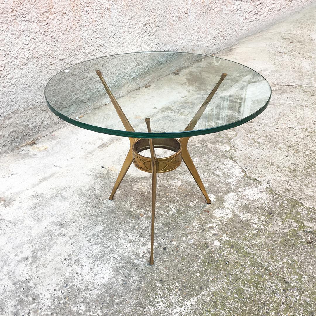 Mid-Century Modern Italian Mid-Century Brass Three-Legged Coffee Table with Green Glass, 1950s