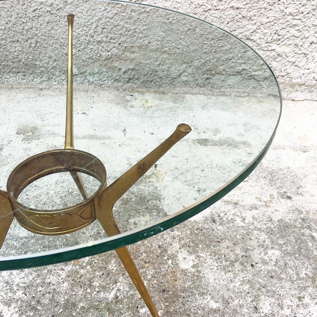 Italian Mid-Century Brass Three-Legged Coffee Table with Green Glass, 1950s 1