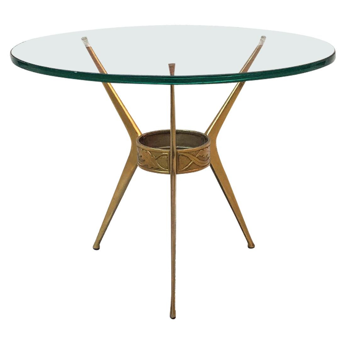 Italian Mid-Century Brass Three-Legged Coffee Table with Green Glass, 1950s