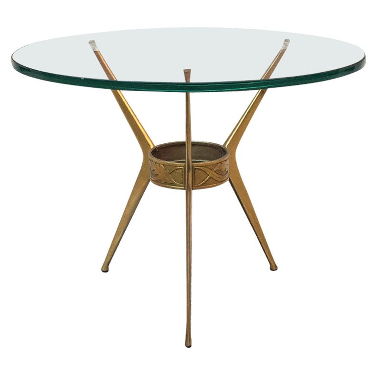 Italian Mid-Century Brass Three-Legged Coffee Table with Green Glass ...