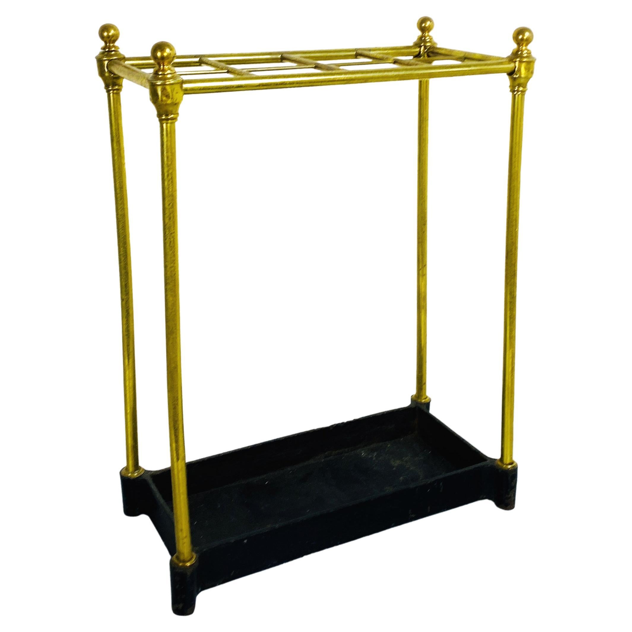 Italian Mid-Century Brass Umbrella Stand with Black Iron Base, 1950s For Sale