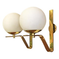 Italian Mid-Century Brass Wall Lamps with Curved Structure and Opal Glass, 1950s