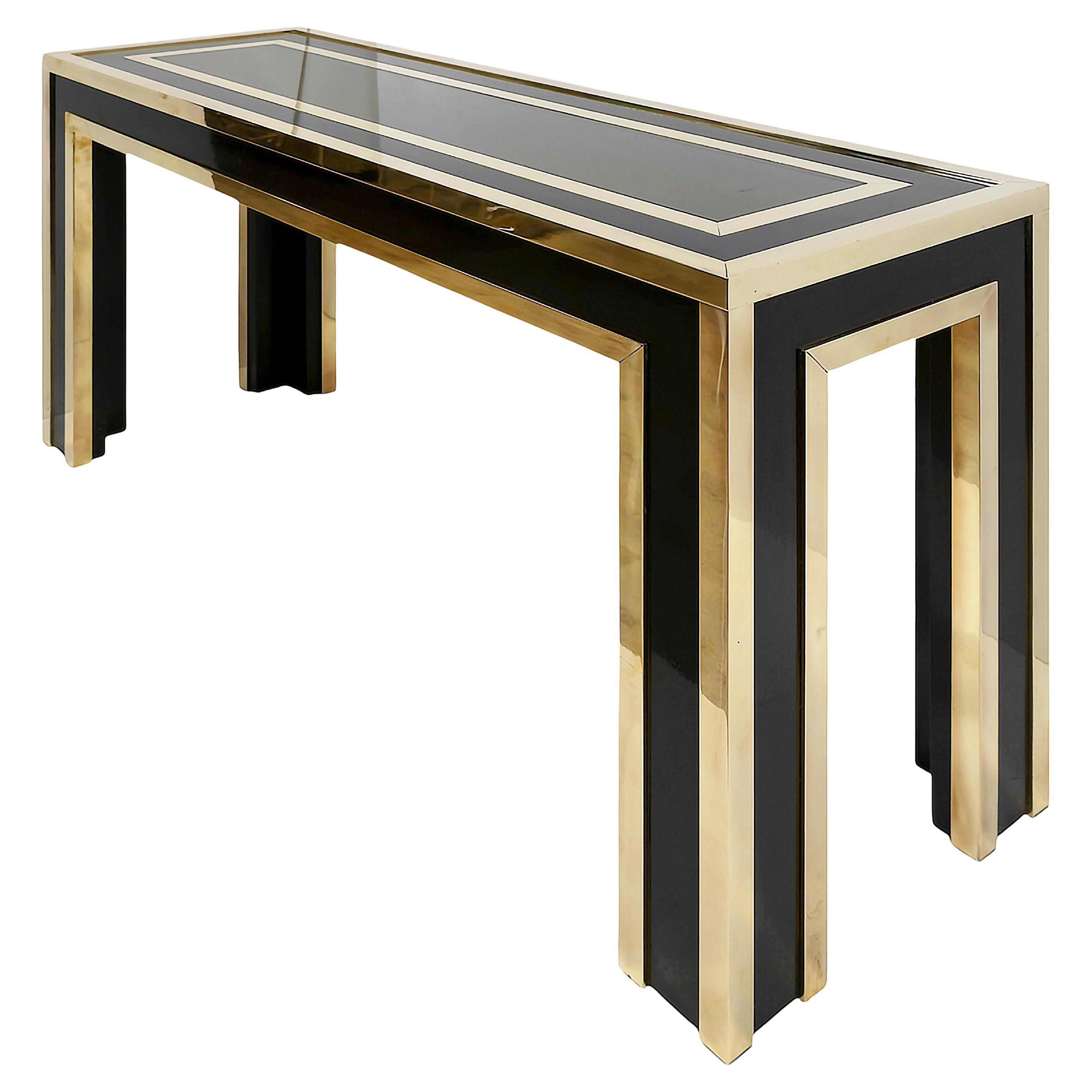 Italian Mid-Century Brass, Wood and Glass Console Table