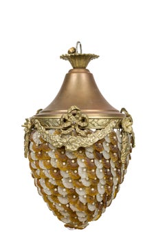 Italian Mid-Century Bronze And Murano Glass Pendent Chandelier