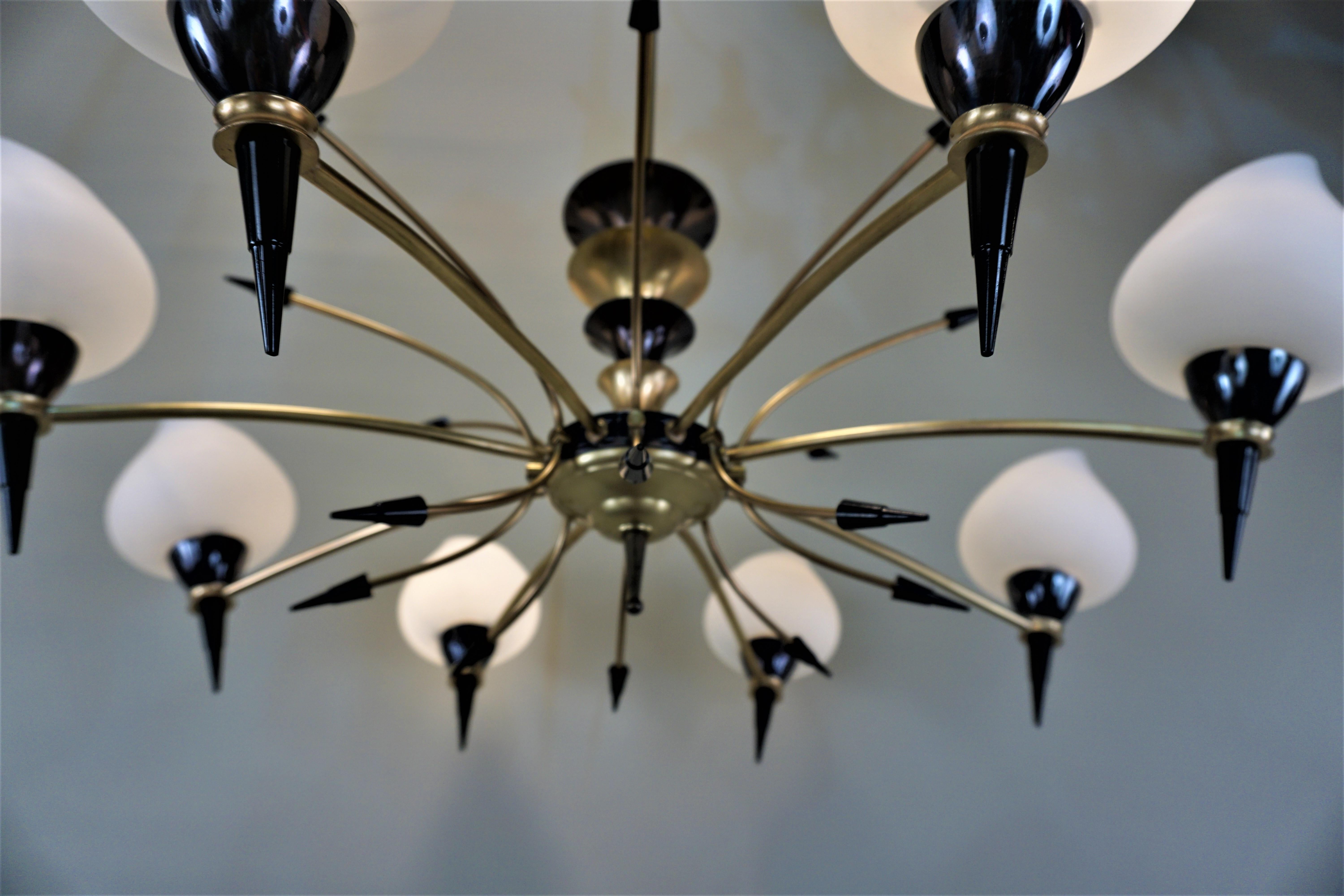 Italian Midcentury Bronze and Glass Chandelier 2