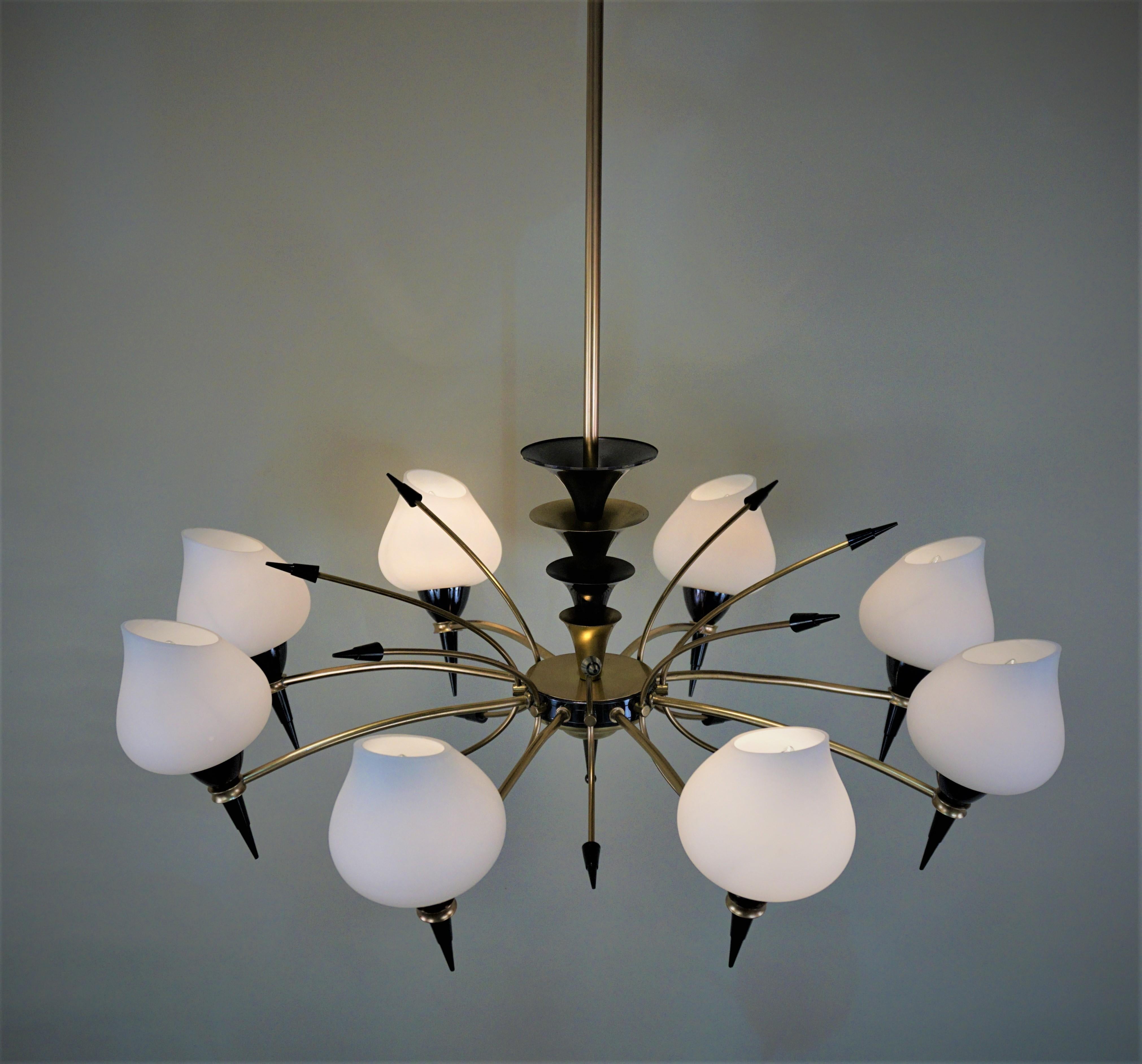 Italian Midcentury Bronze and Glass Chandelier 3