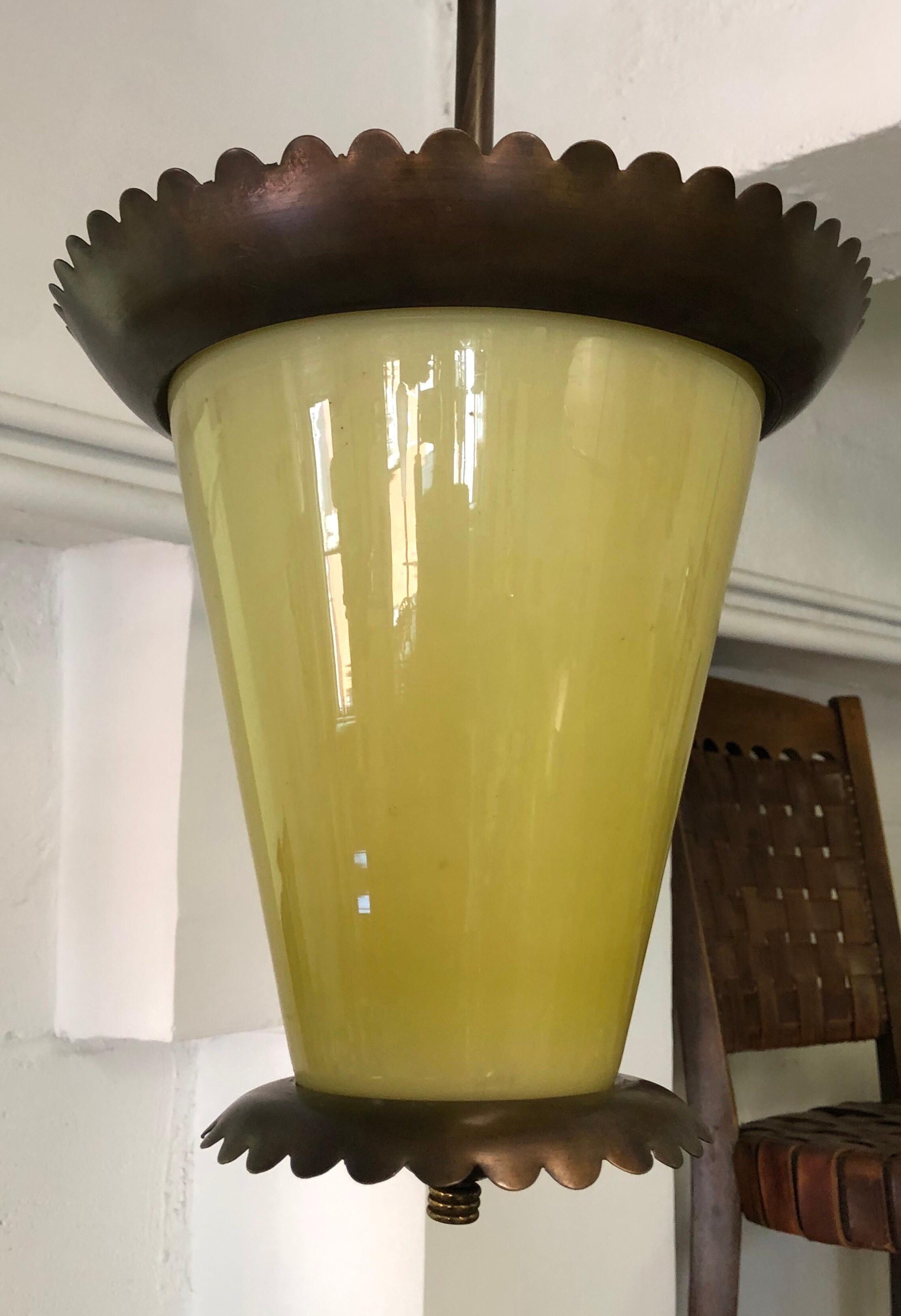 Italian Midcentury Bronze and Murano Glass Pendant or Lantern by Fontana Arte In Good Condition For Sale In New York, NY