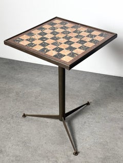 Mid Century Italian Bronze Marble Chess Board Pietra Dura Tripod Side Table 1950