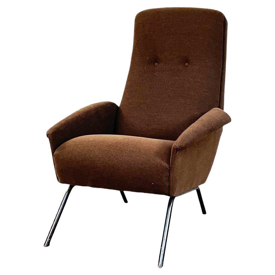 Italian Mid-Century Brown Armchair with Black Tubular Metal Legs, 1960s