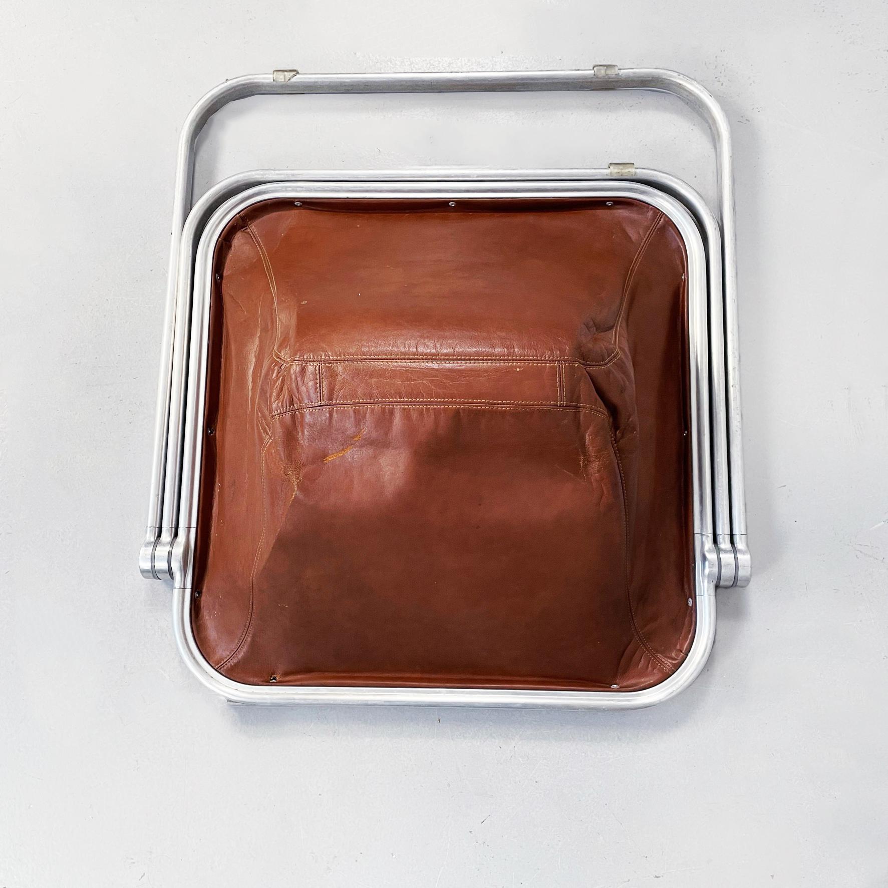 Aluminum Italian Mid-Century Brown Leather Armchair Plona Piretti Anonima Castelli, 1970 For Sale