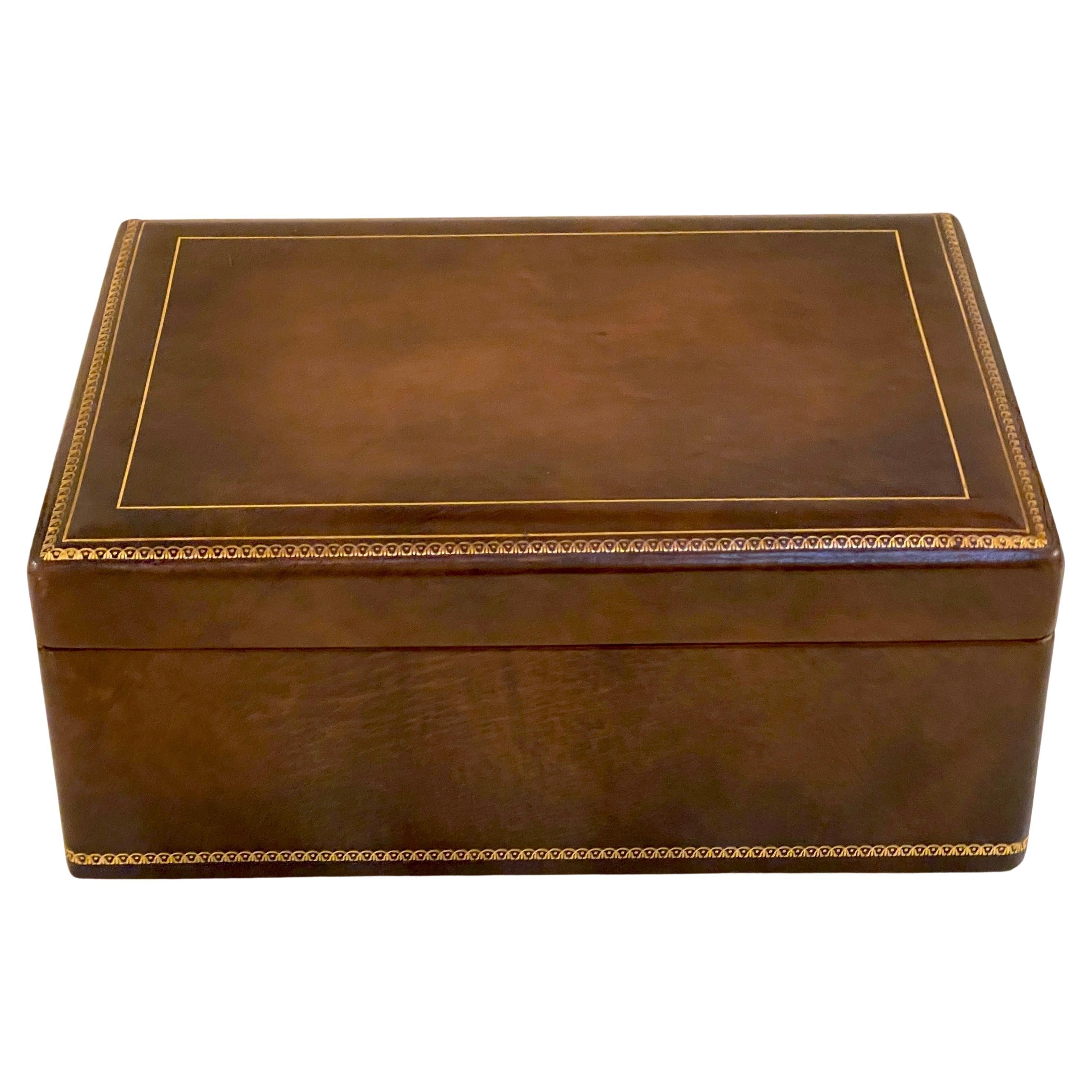 Italian Midcentury Brown Leather Neoclassical Humidor with Gilt Tooling For Sale