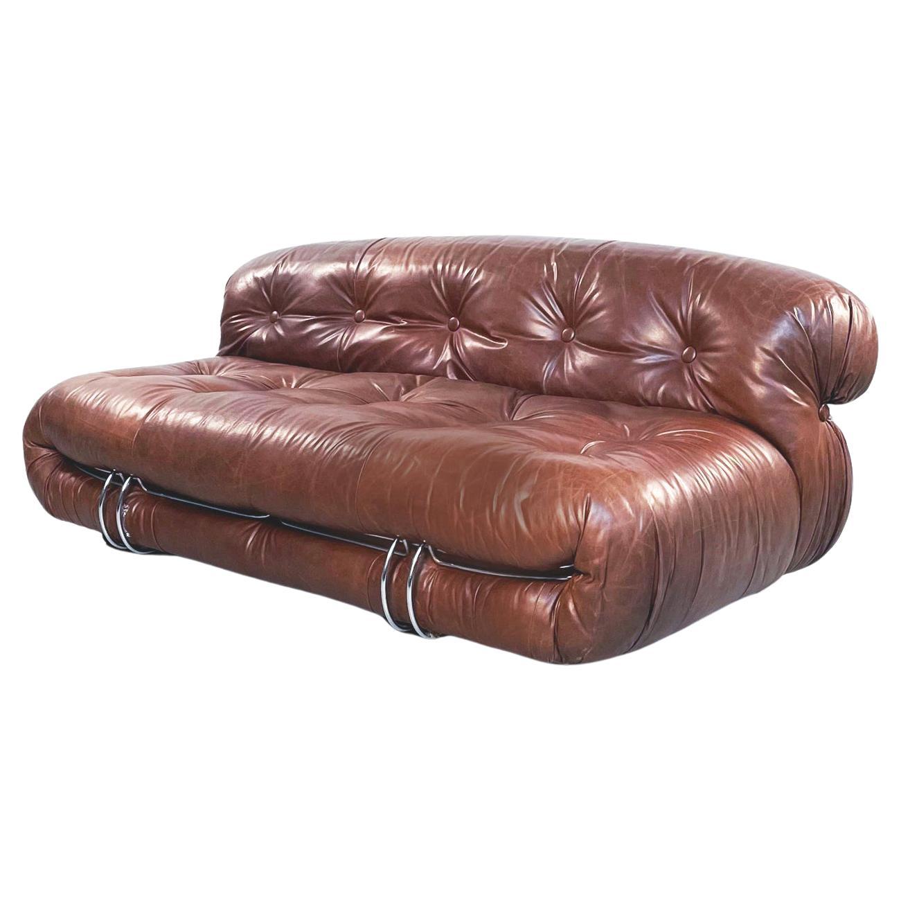 Italian Mid-Century Brown Leather Soriana Sofa by Afra Tobia Scarpa Cassina,1970
