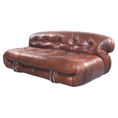 Italian MidCentury Brown Leather Soriana Sofa by Afra Tobia Scarpa Cassina, 1970