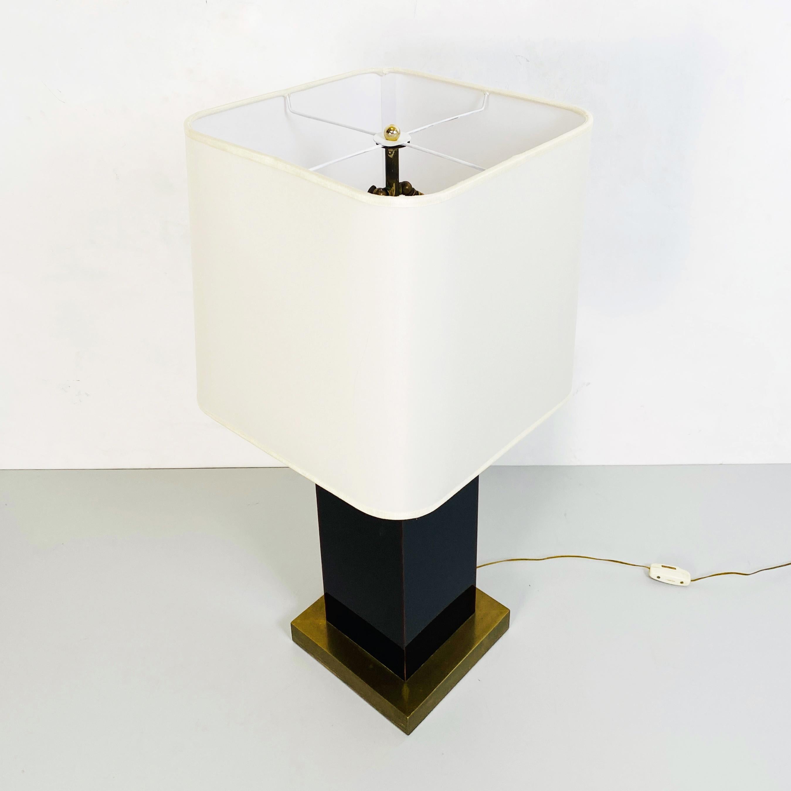 Metal Italian Mid-Century Brown Plexiglass, White Fabric and Brass Table Lamp, 1970s For Sale