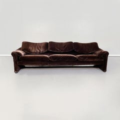 Italian Mid-Century Brown Velvet Maralunga Sofa by Magistretti Cassina, 1970s