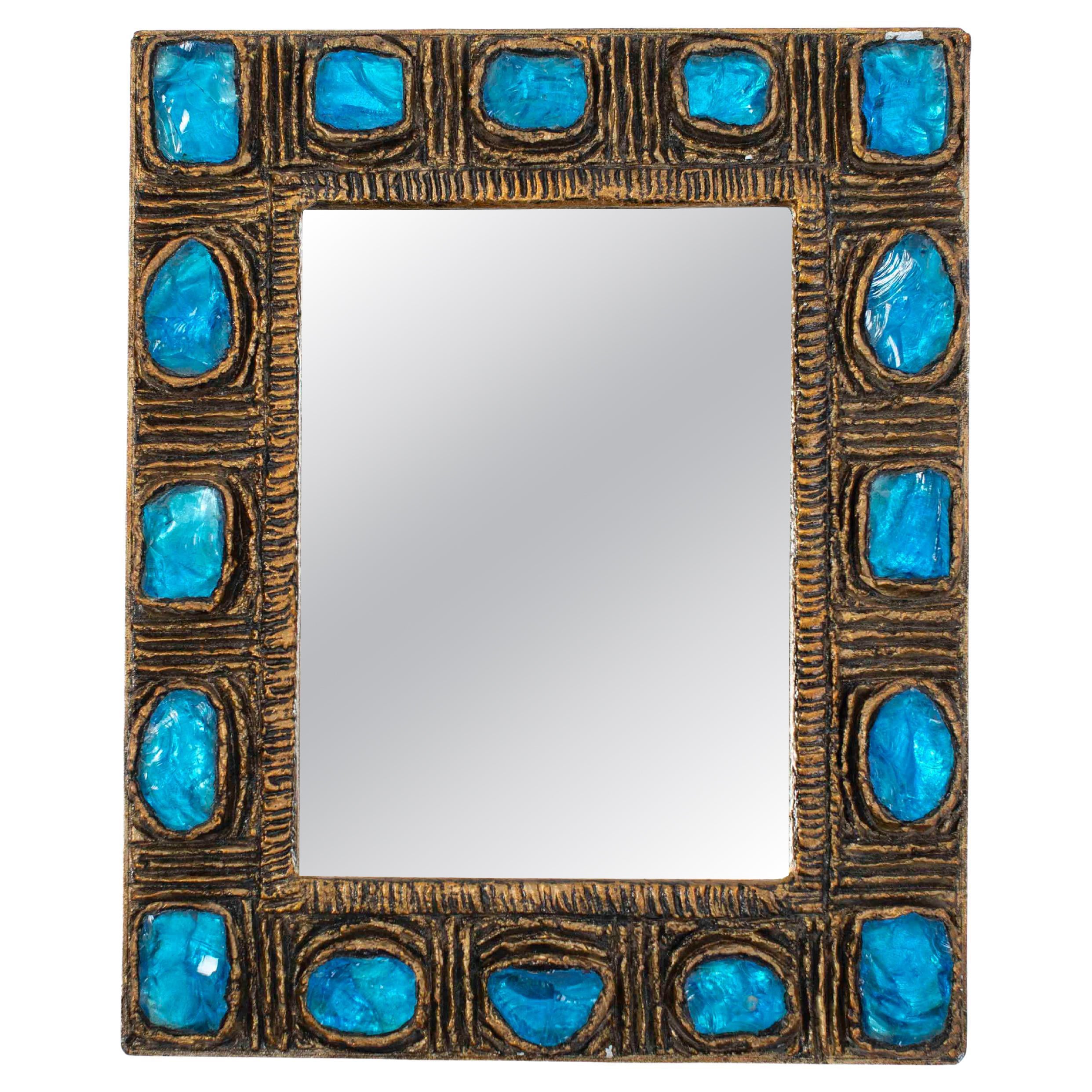 Italian Mid-Century Brutalist Mirror turquise-gold by Creaciones Gobesso, 1960s im Angebot