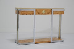 Italian Mid-Century Burl, Chrome and Brass Console Table by Mario Sabot, 1970s