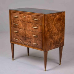 Italian Mid-Century Burl Walnut Four-Drawer Chest with Black Glass Top