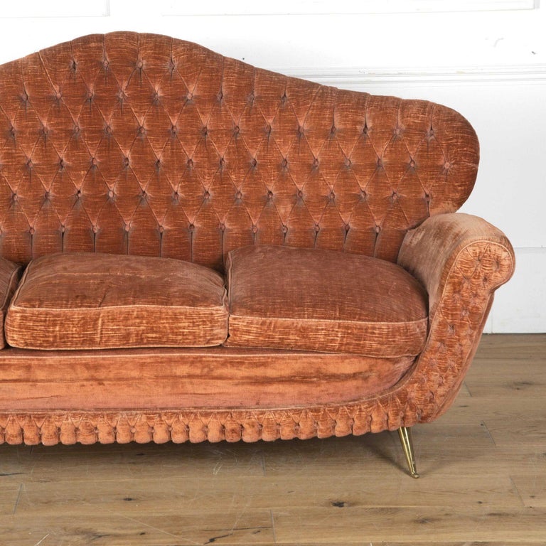 Italian Mid Century Button Back Velvet Sofa For Sale at 1stDibs