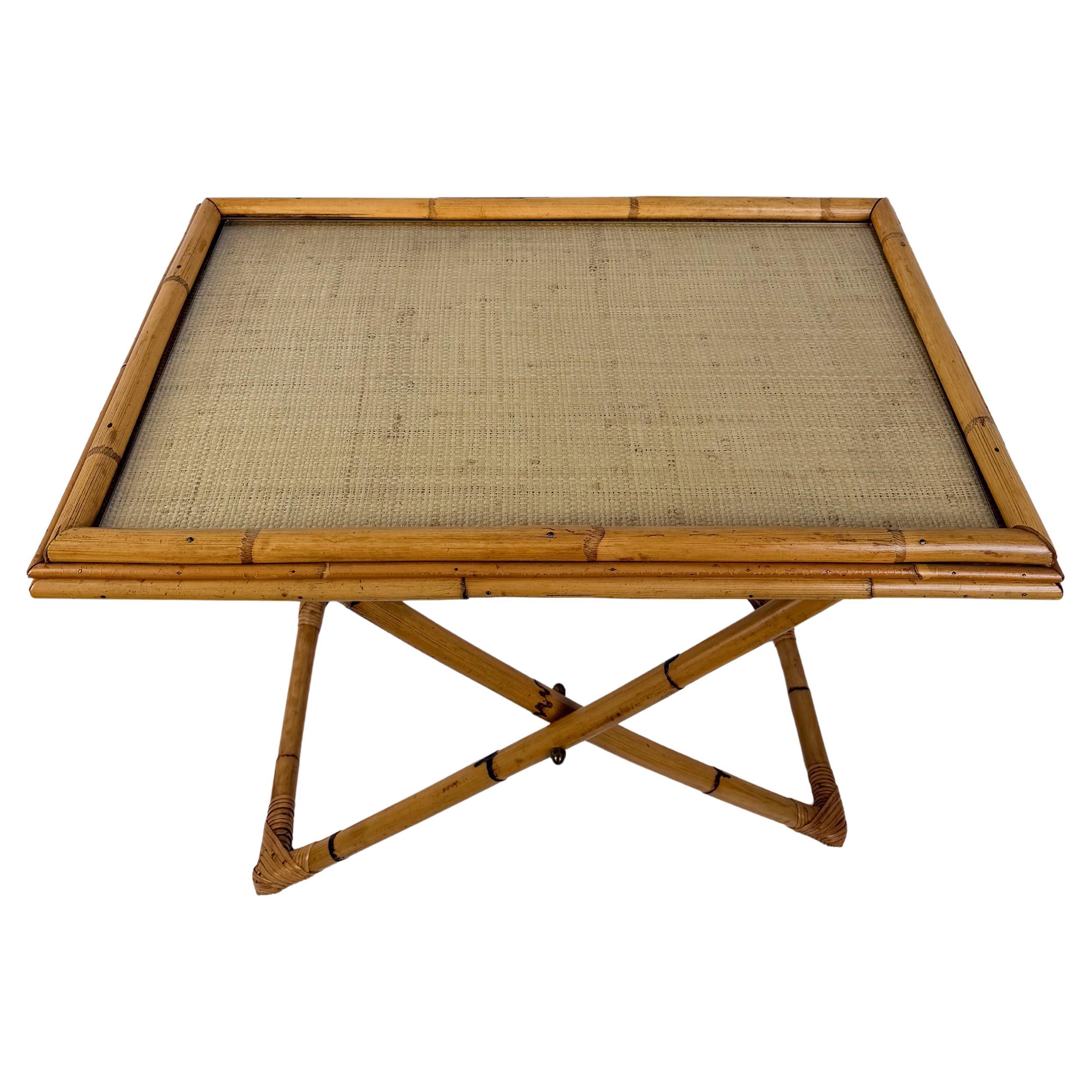 Italian Mid-Century Cane, Bamboo and Woven Rattan Tray Table with Glass Top, 70s