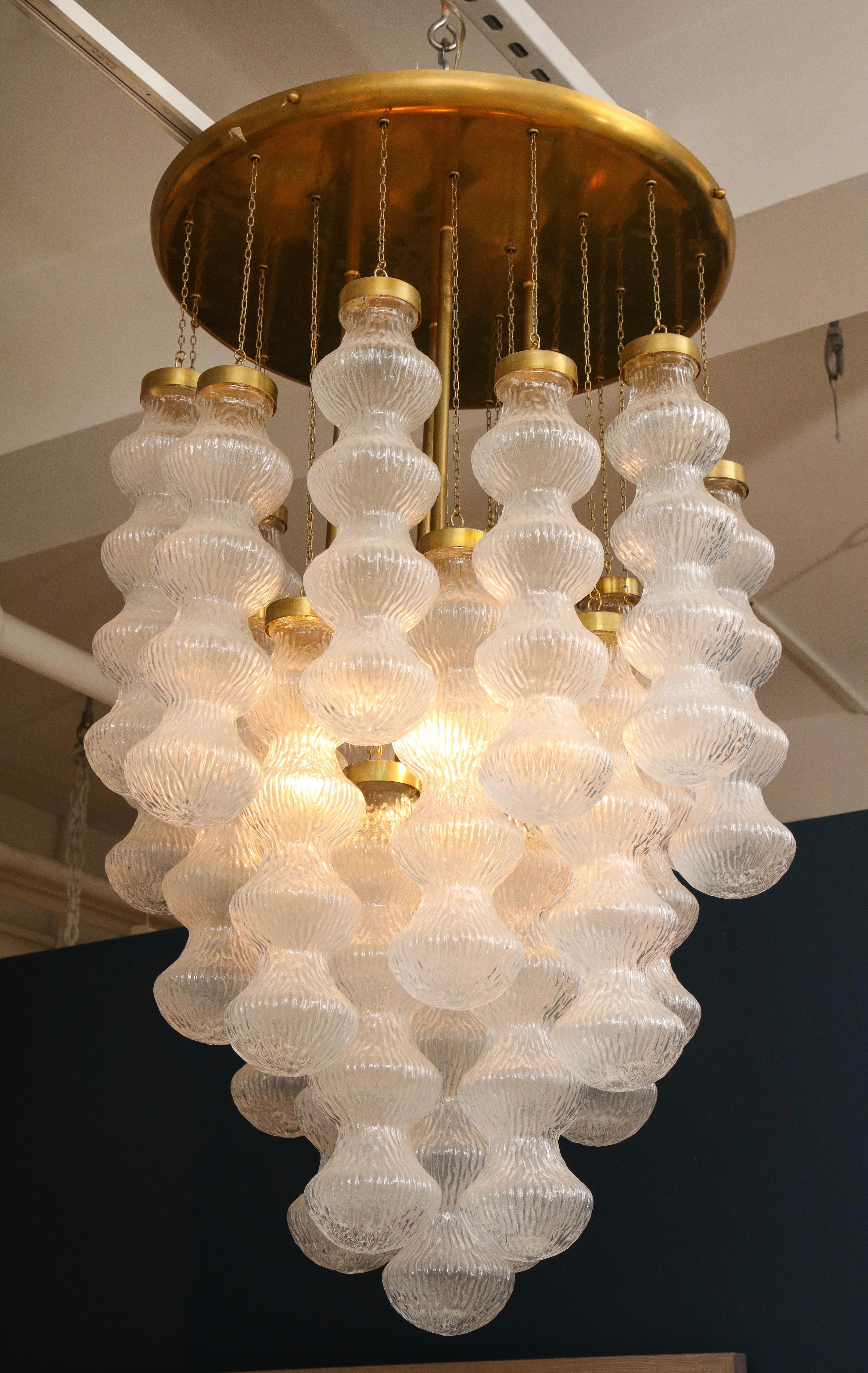 Hand-Crafted Italian Mid-Century Cenedese Murano Glass and Brass Flush Mount Chandelier For Sale