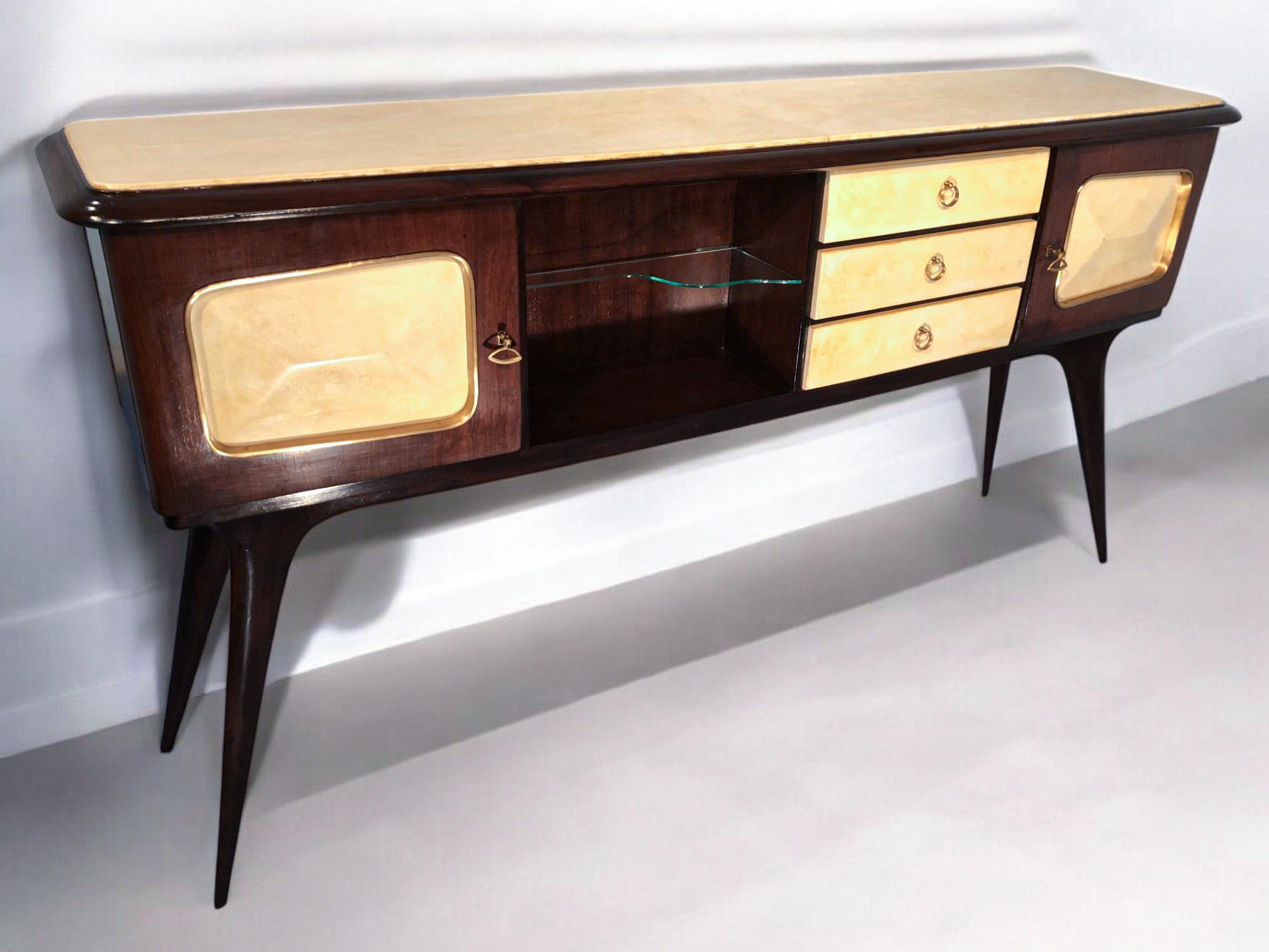 Italian Mid-Century Center Parchment Bar Sideboard attributed to Ulrich , 1950s For Sale 3