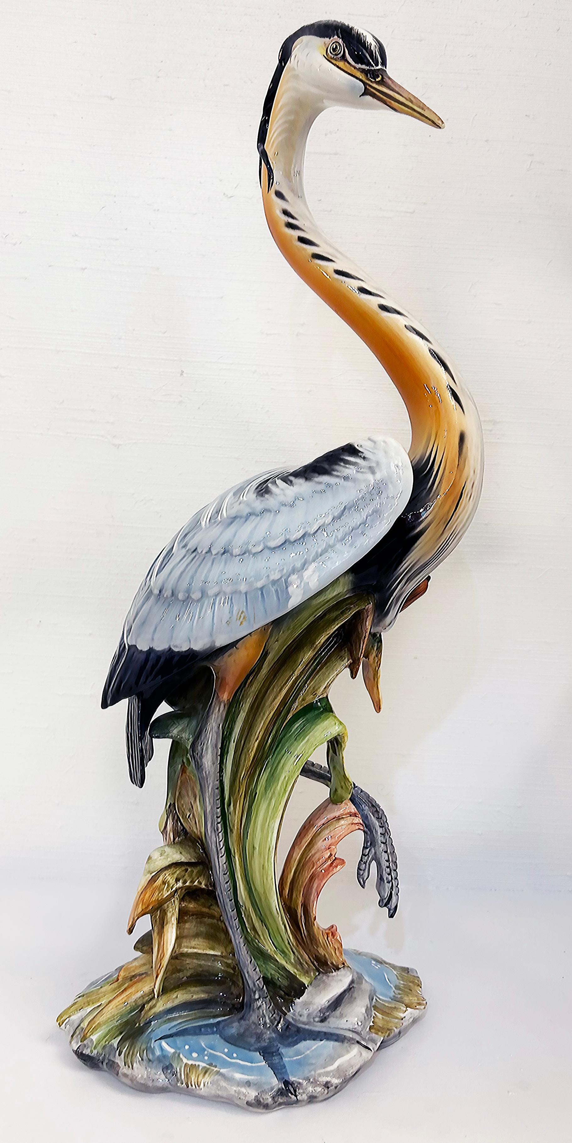 Hand-Painted Italian Mid-Century Ceramic Sculpture of a Blue Herron, Signed and Numbered For Sale