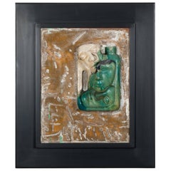 Italian mid-century ceramic sculpture picture green-beige-grey monogrammed 1950s