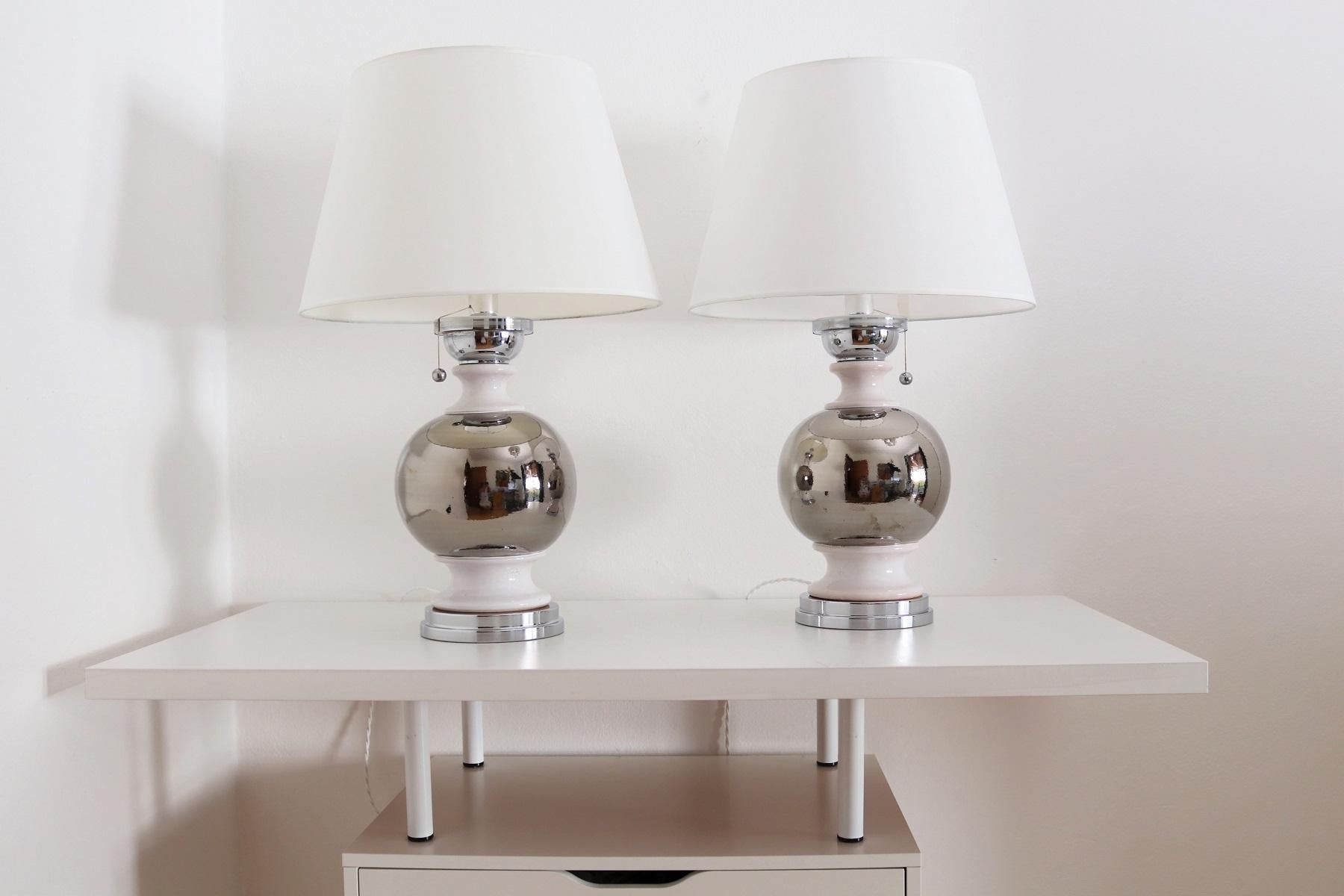 Italian Mid Century Ceramic Table Lamps in Platinum Silver White Glaze, 1970s For Sale 5