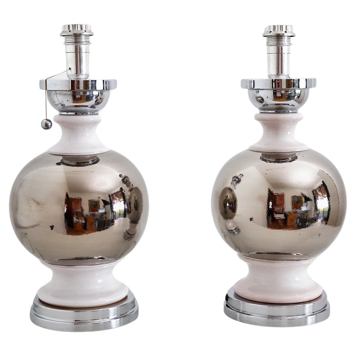 Italian Mid Century Ceramic Table Lamps in Platinum Silver White Glaze, 1970s