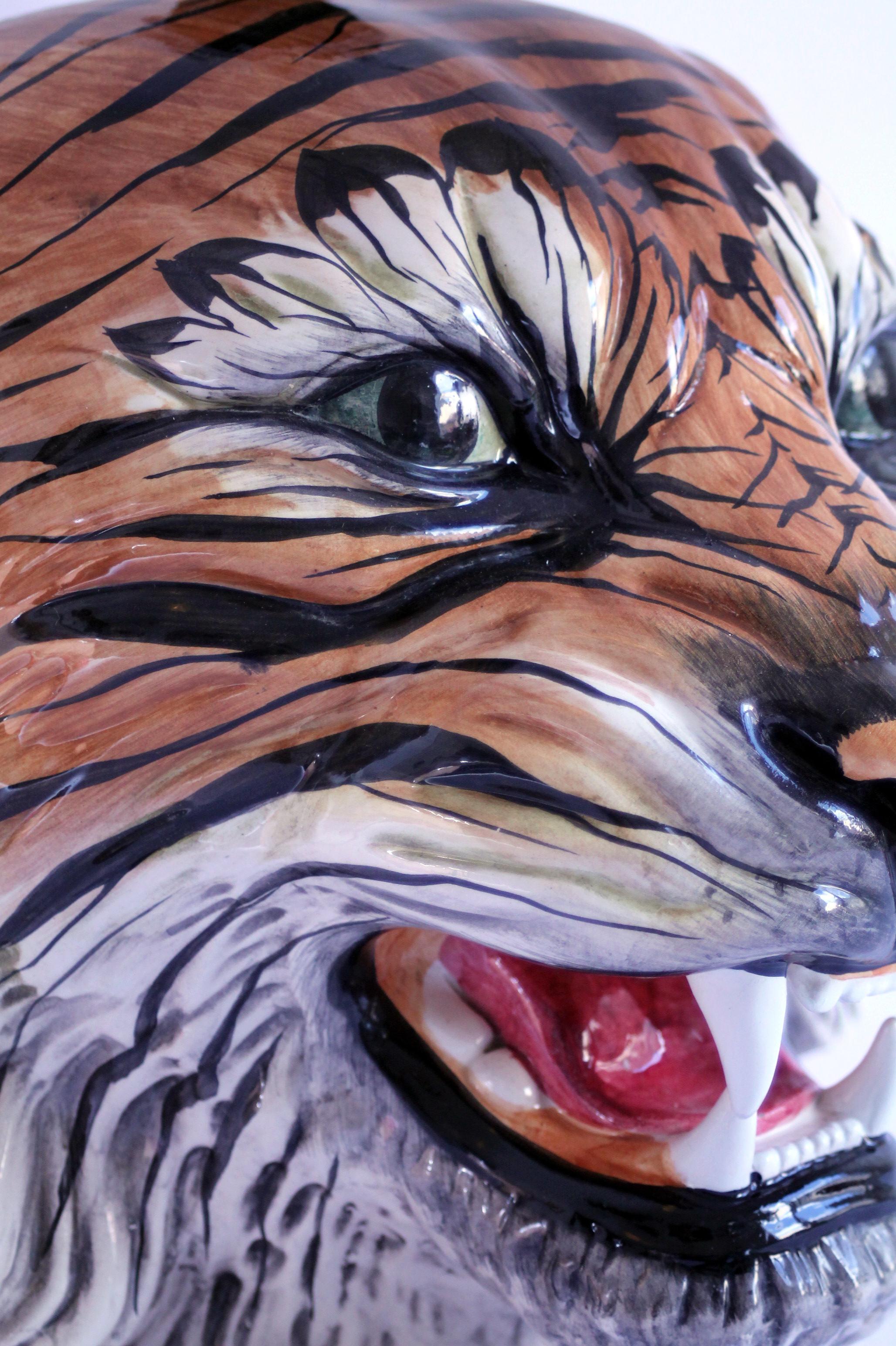 Italian Mid-century modern handmade  hand-painted tiger head lampshade
Period: 1960s
Dimensions: 31cm height  x 32 x 26cm  
Weight: 5 kgs (10 pounds circa)
Made in Italy
Condition: Pristine condition, unmolested

Photographs in this listing are
