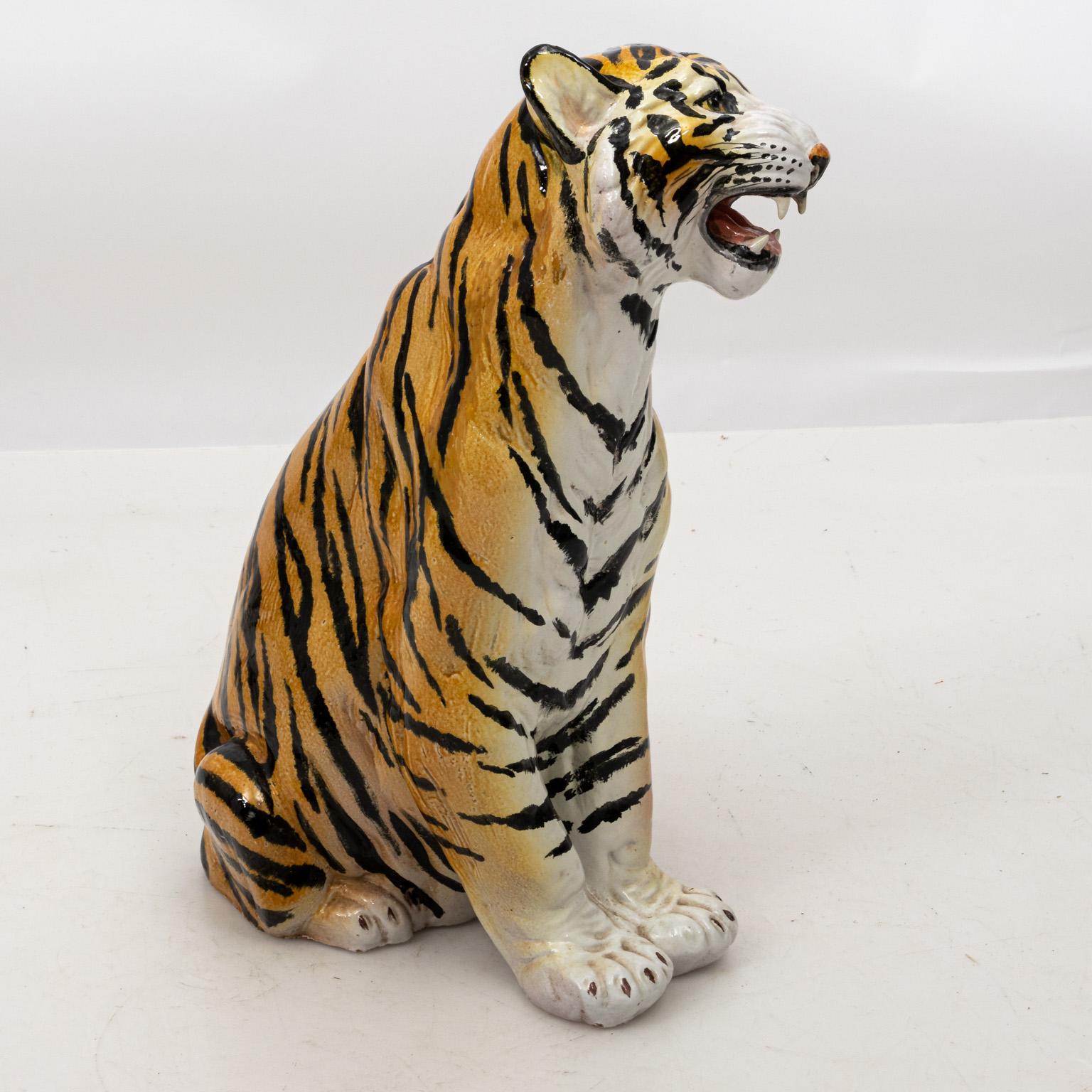 Italian Midcentury Ceramic Tiger Statue In Good Condition In Stamford, CT