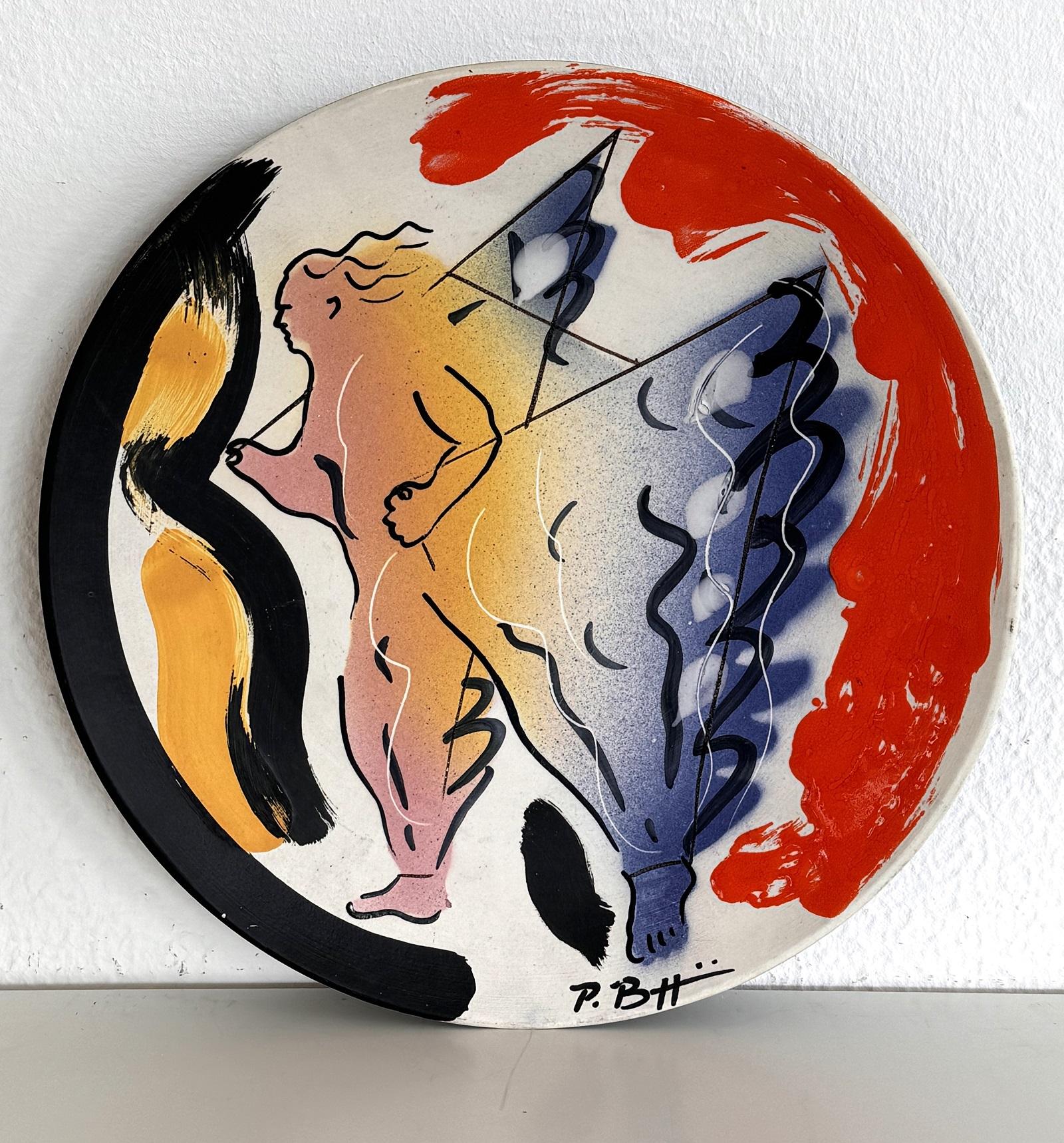 Hand-Crafted Italian Mid-Century Ceramic Wall Plate Decoration by Paolo Buggiani, 1989 For Sale