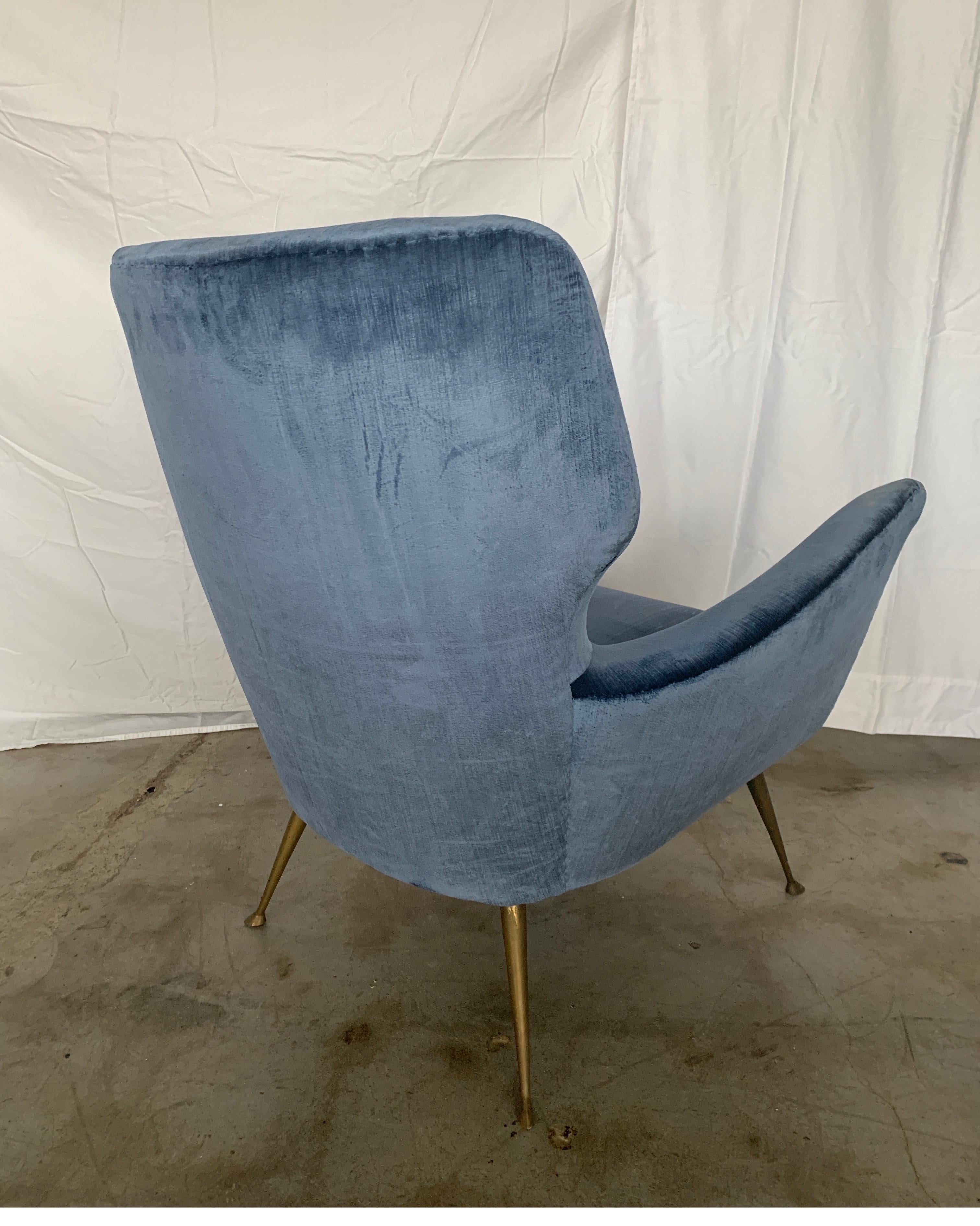Metal Italian Midcentury Chair with Blue Velvet Upholstery