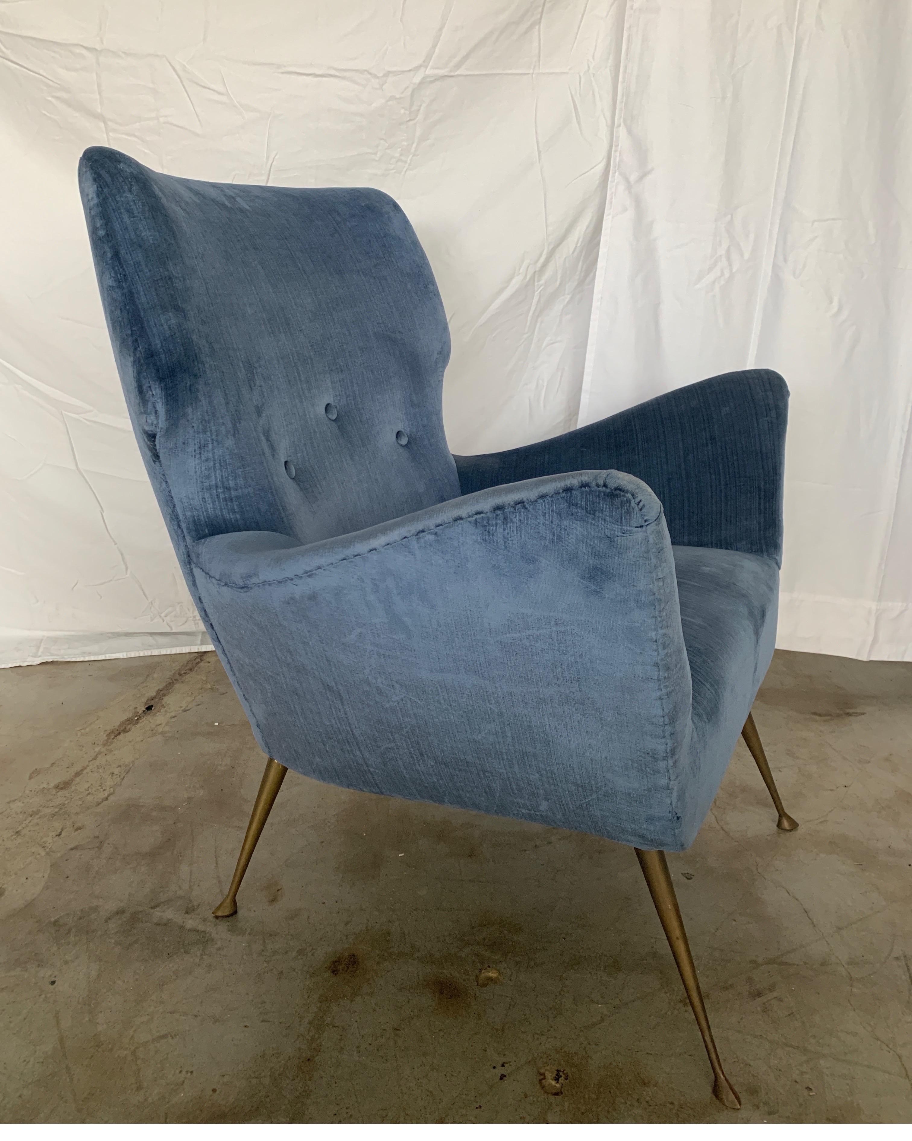 Italian Midcentury Chair with Blue Velvet Upholstery 2