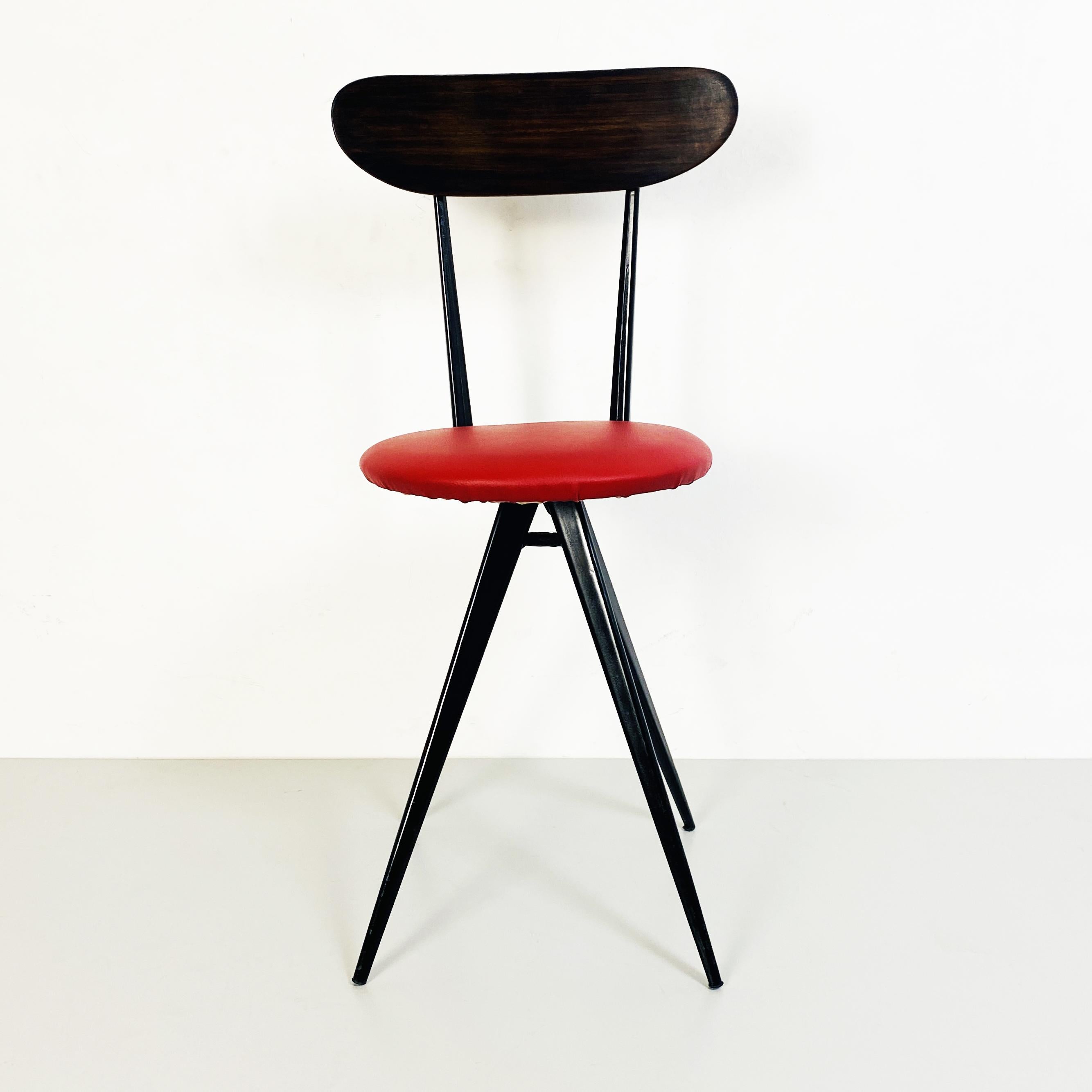 Mid-20th Century Italian Mid-Century Chair with Red Sky Seat, Metal and Wooded Structure, 1960s