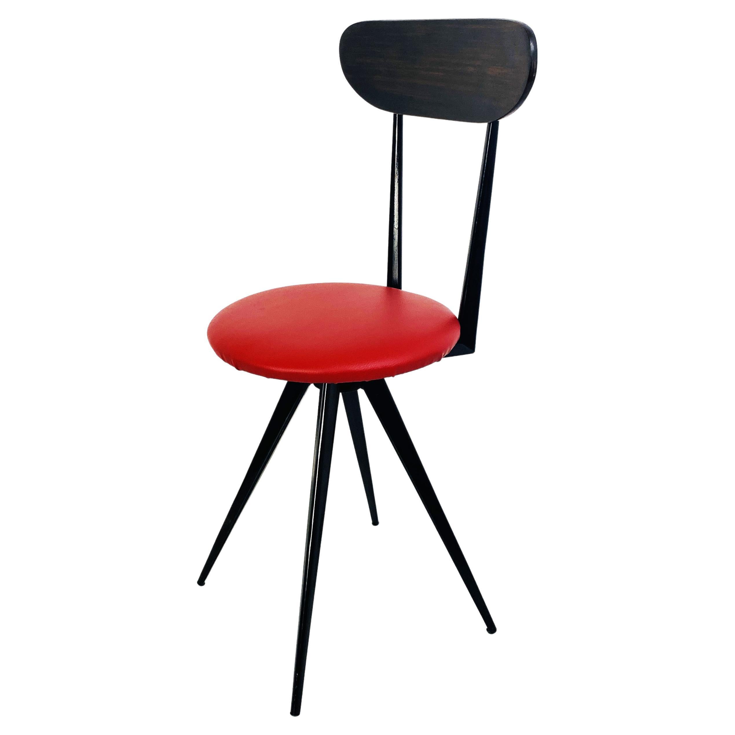Italian Mid-Century Chair with Red Sky Seat, Metal and Wooded Structure, 1960s